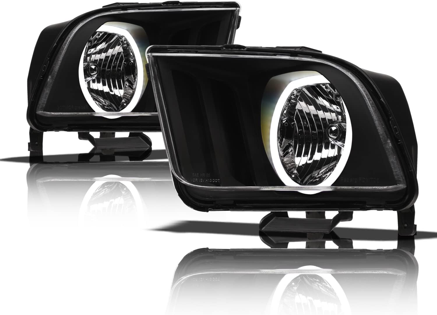 Alpha Owls 8711743 Crystal Headlights With White LED Halo - Black Fits 2005-2009 Ford Mustang Halogen Models