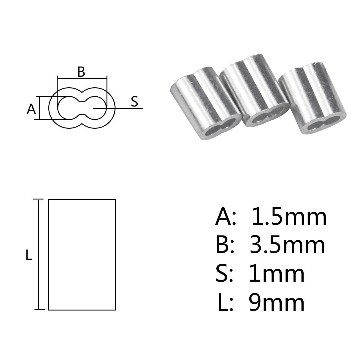 100 szt. aluminiowych klipsów zaciskowych, aluminiowe tuleje zaciskowe z podwójnymi okuciami, aluminiowe tuleje do lin stalowych, zaciskania kabli, srebrne (1,5 mm/0,06 cala)