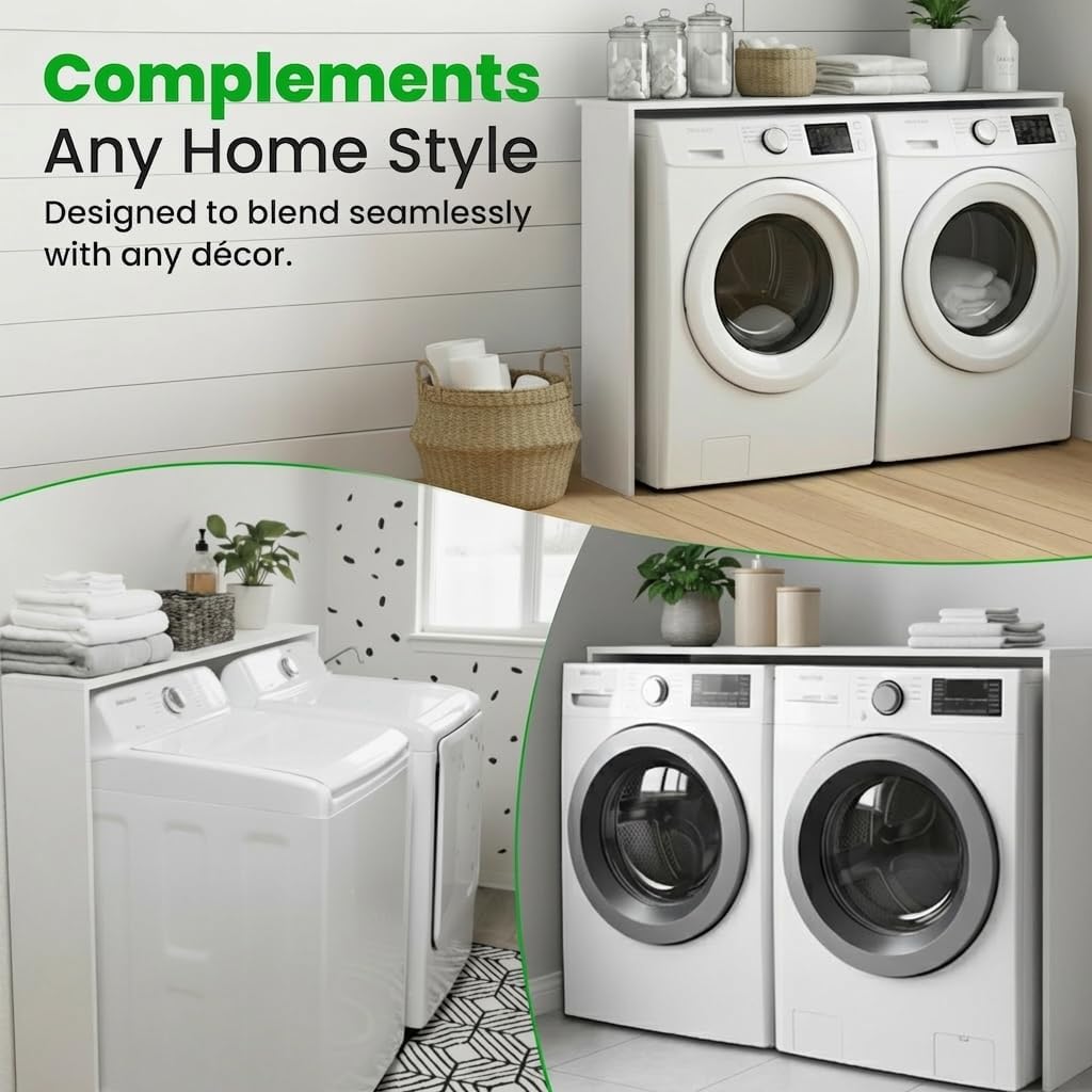 Over the Washer and Dryer Storage Shelf – Engineered Wood Laundry Room Organizer with Side Panels, Wall-Mounted Washer Dryer Utility Shelf Top Surface for Folding and Laundry Supplies (White)