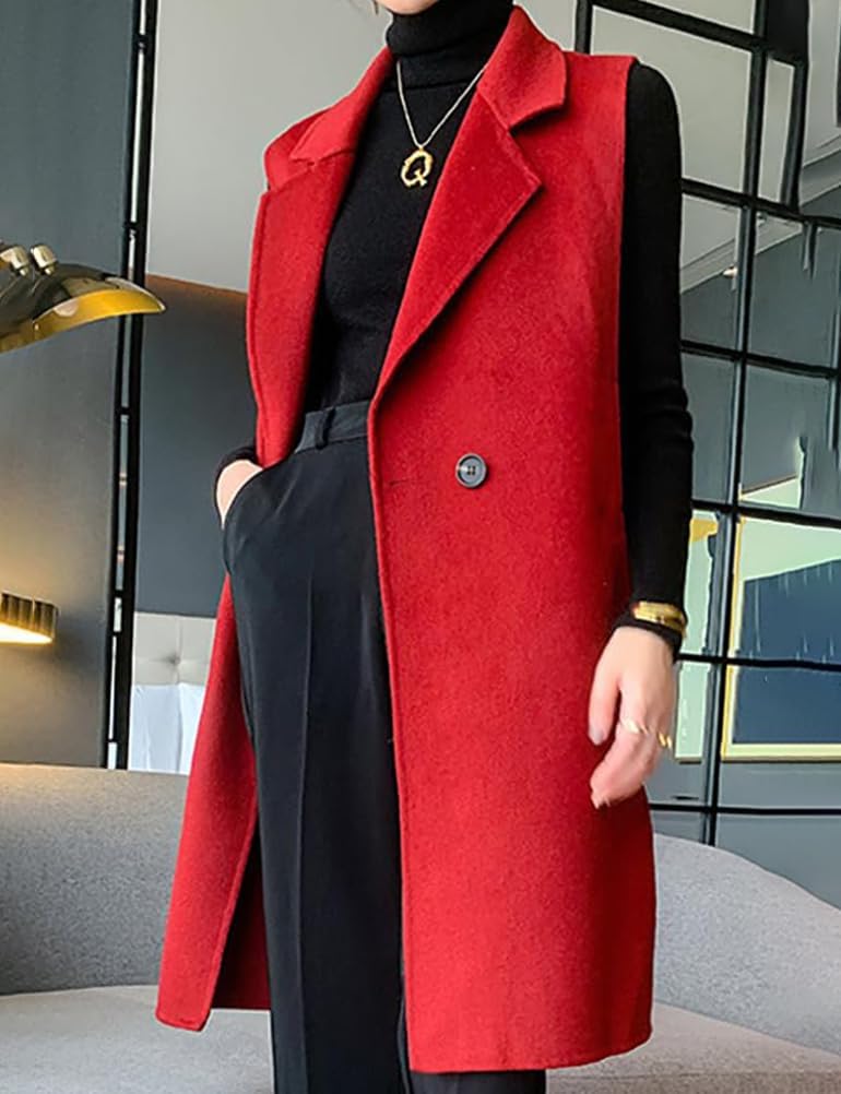 Kinghua Wool Vest Women Fall Winter Casual V Neck Sleeveless Long Cardigan Dressy Blazer Jackets Coat Tops with Pockets