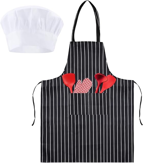 Apron and Chef Hat Set, Black and White Stripped Apron Unisex Apron with 2 Pockets for Men Women Kitchen Cooking Baking Painting Gardening