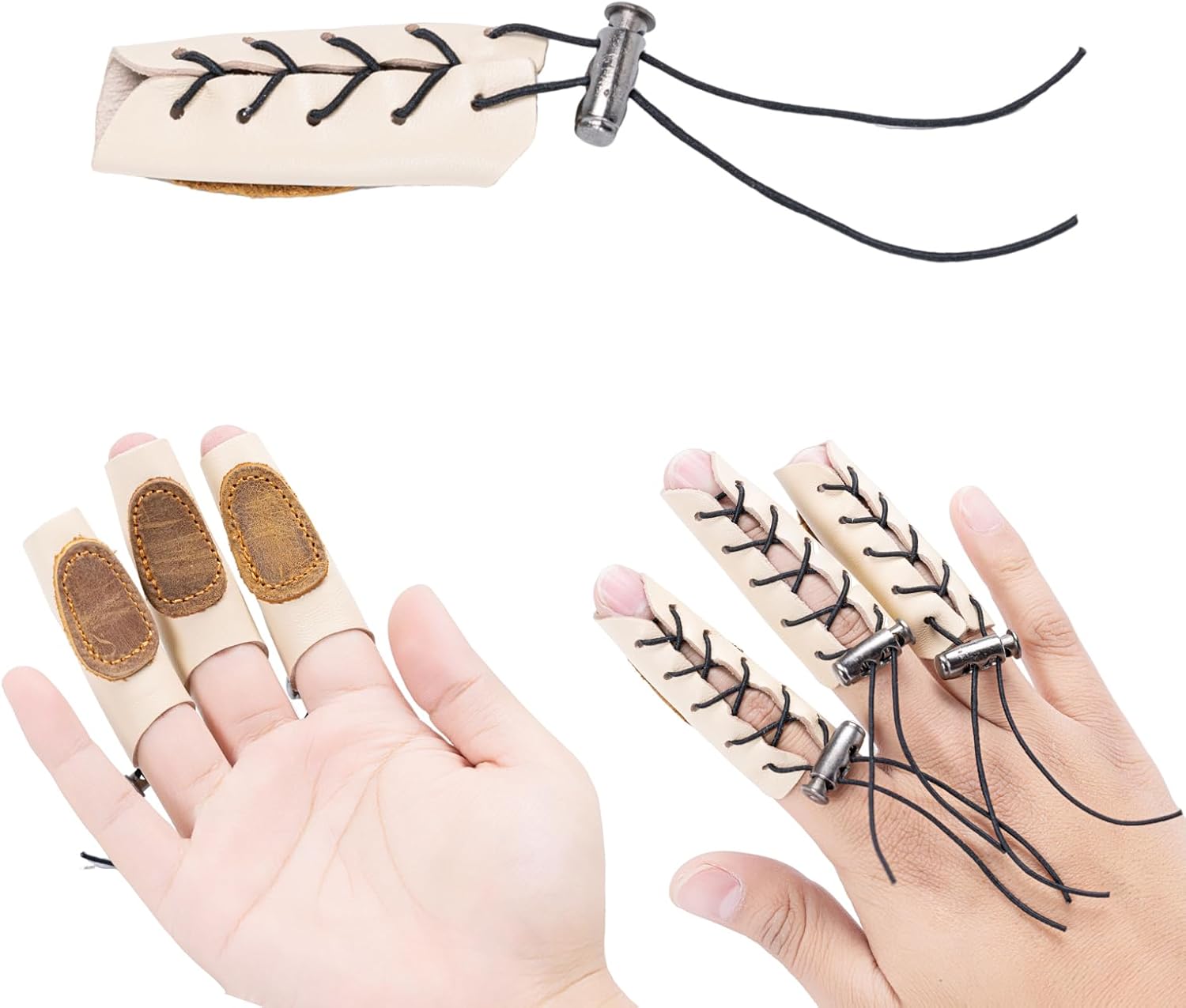 Prespollw Leather Archery Finger Tabs - Adjustable Protection for Recurve, Traditional & Compound Bows - Pack of 3