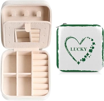 St. Patrick S Day Green Love Travel Jewelry Case Organizer, Jewelry Boxes with Mirror, PU Leather Jewelry Storage Holder for Rings Earrings Pendants Necklaces, Gifts for Girls Women