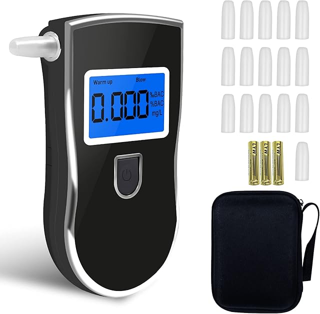 Flyhood Alcohol Breathalyser, Portable Digital Alcohol Tester with 16 Mouthpieces Semiconductor Sensor, Alcohol Detector with LCD Display