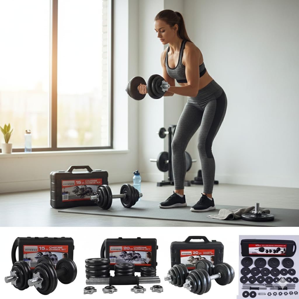 Adjustable Cast Iron Dumbbell Barbell Weight Set 15kg 20kg 30kg 50kg for Men & Women | Spinlock Chrome Bars | Home Gym Fitness Strength Training Equipment (With Case, 20 kg)