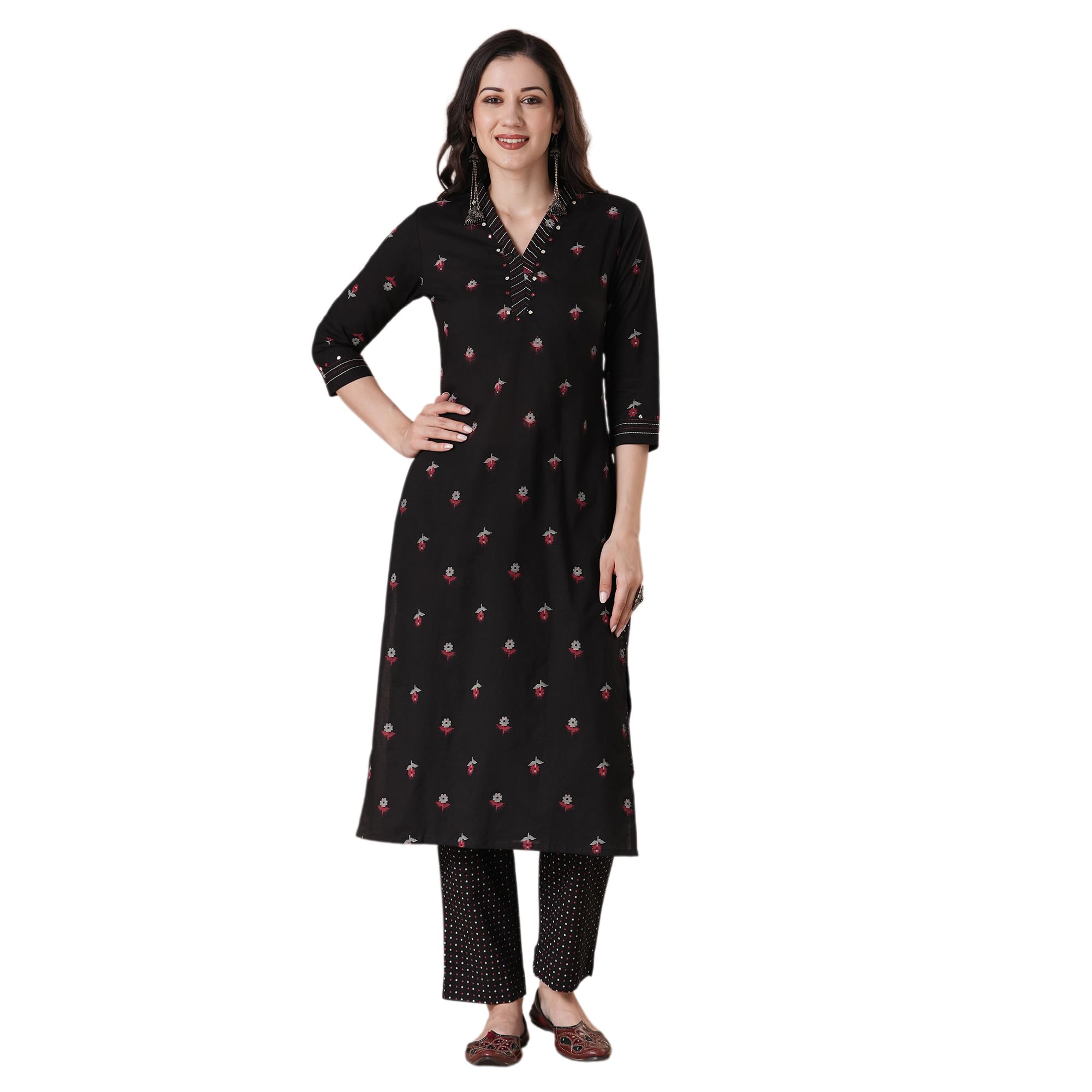 Printed Cotton Handcrafted Mirror Work Kurta Pant Set.-image-12