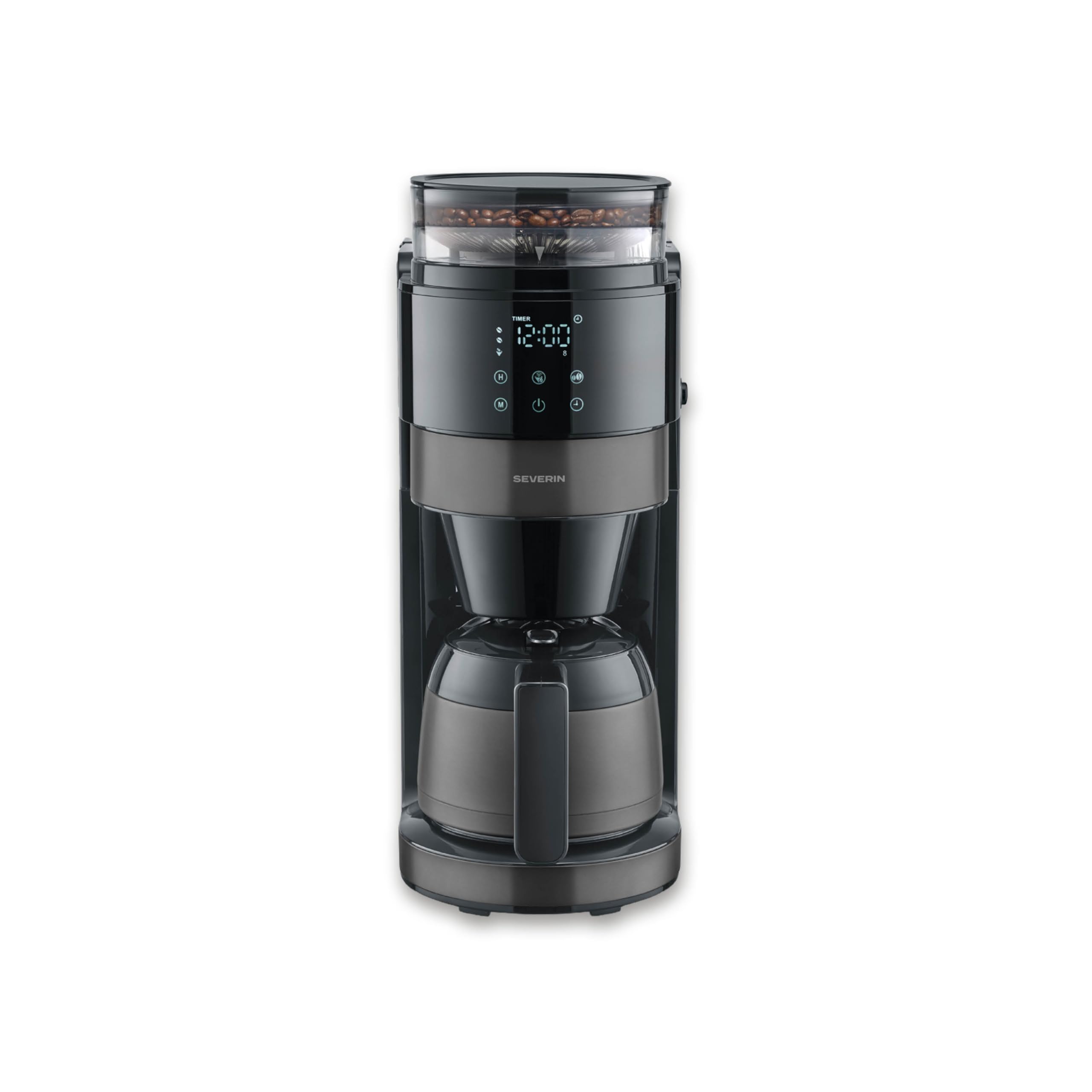Severin Filter-Kaffeemaschine mit Thermokanne und Mahlwerk, 1L Füllmenge, bis zu 8 Tassen, Tropf-Stopp, intensives Aroma, automatische Abschaltung, LED-Display, 900W, dark inox, schwarz, KA 4831