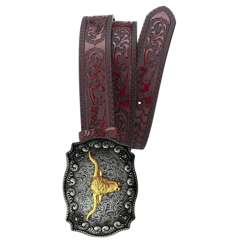 ESTCNK Red Waist Chain Cowgirl Embossed Belt for Women Prom Banquet Club Party, red (burgundy), 115cm