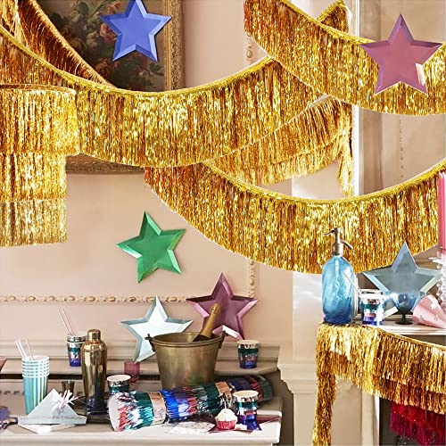 Image of Premium Gold Fringe Tinsel Garland for Party Decorations -4 Layers Thick, 2 Pack | LILF Foil Metallic Tinsel Banner Party Streamers for Wedding Birthday Christmas Decoration Home Hanging Decor