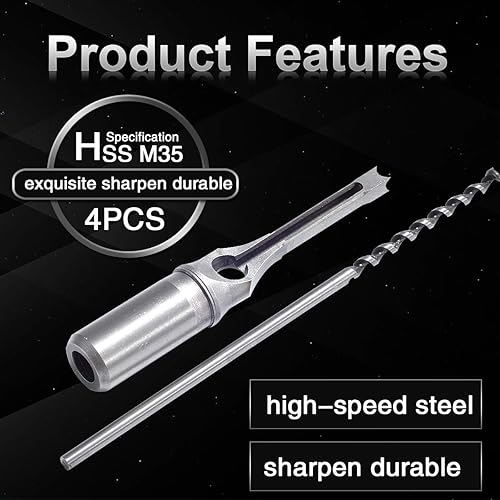 Miniatura 3 de KATUR Juego de brocas cuadradas para carpintería, 4 piezas HSS, cincel de mortaja, brocas avellanadoras para carpintería, sierra de agujero, kits de