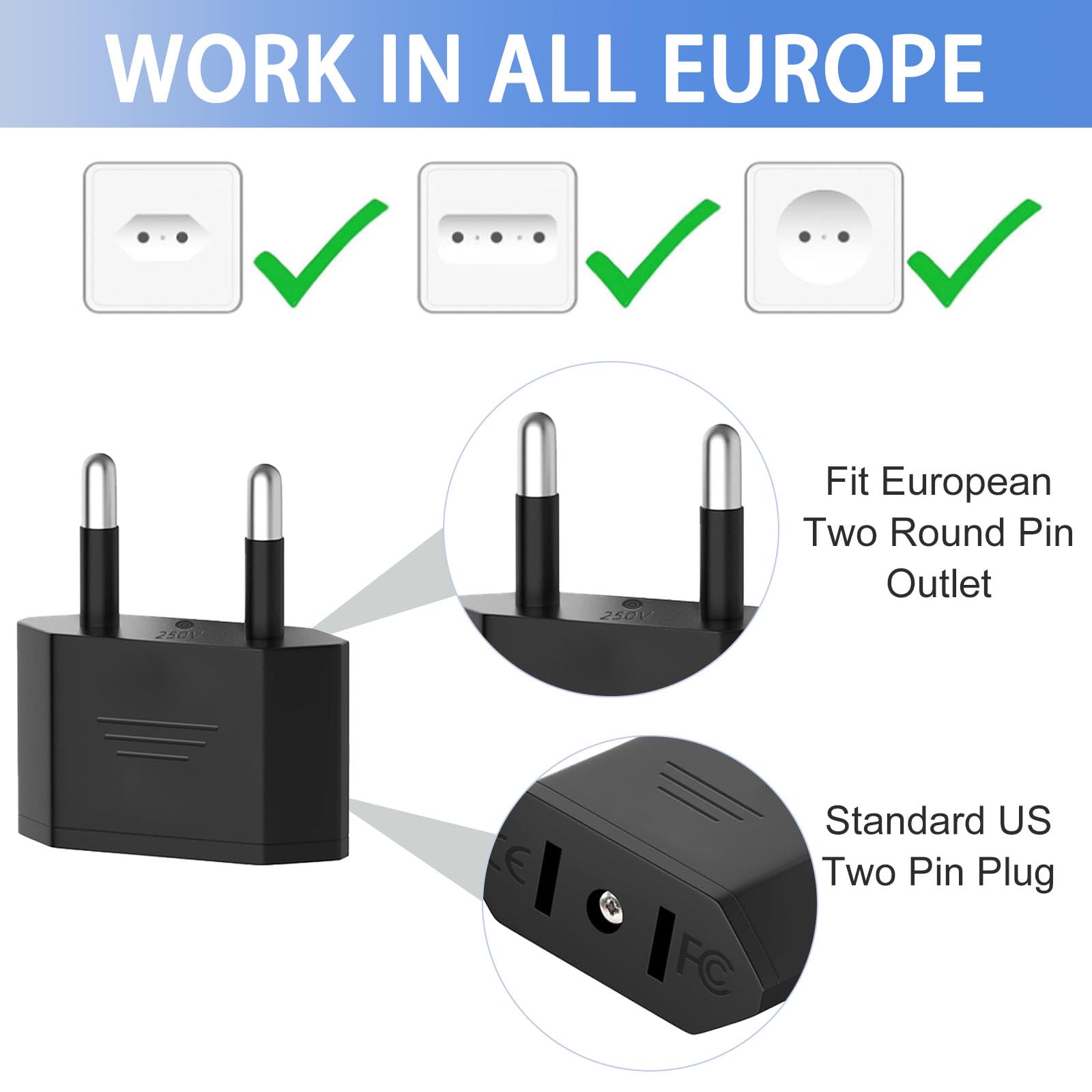 3 Pièces Adaptateur Prise USA, Adaptateur USA vers France, Adaptateur Secteur US vers Europe (EU), Adaptateur USA Prise, Adaptateur Voyage US vers EU