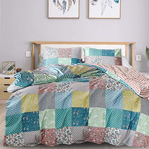 mixinni Country Style Duvet Cover Queen Size Patchwork Pattern Soft Cotton Floral Print Full Bedding Set 1 Duvet Cover with Zipper Ties 2 Matching Pillowcases,Easy Care, Quality Soft Breathable