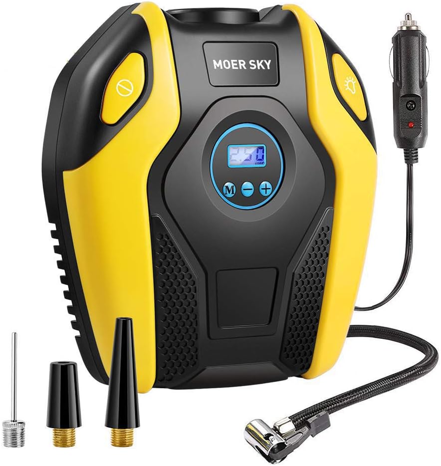 Tire Inflator, Electric Air Compressor Pump, 12V DC Portable Tire Pump with Digital Display up to 150PSI with Emergency LED Lighting and 10ft Long Cable for Car, Bicycle, Ball and Other Inflatables
