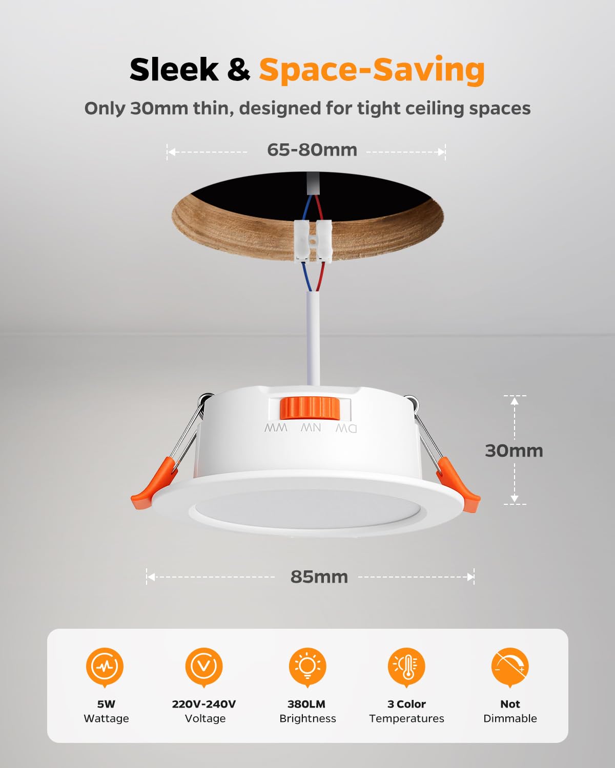 Sanyoung Reflektor LED do zabudowy łazienkowej, 5 W bardzo płaski reflektor LED, ciepła biel, neutralna biel, zimna biel, 68 mm, reflektory sufitowe do kuchni, salonu, zestaw 10 sztuk