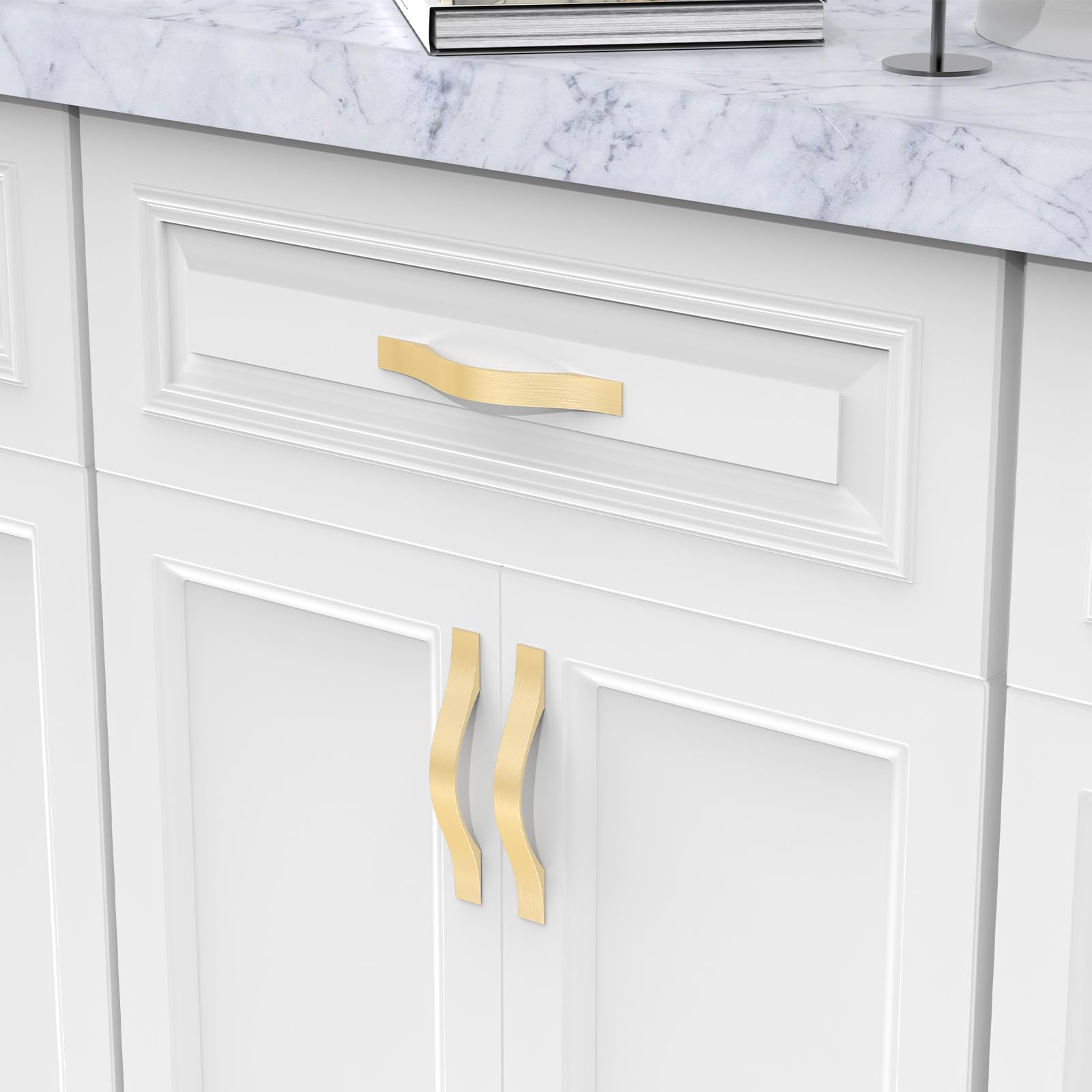 FURNIWARE Modern D-Shape Brass Kitchen Handles, Pack of 10, 3.7" Hole Centers, Aluminium, Brass Finish, Cabinet Hardware Pull Handles - Image 2
