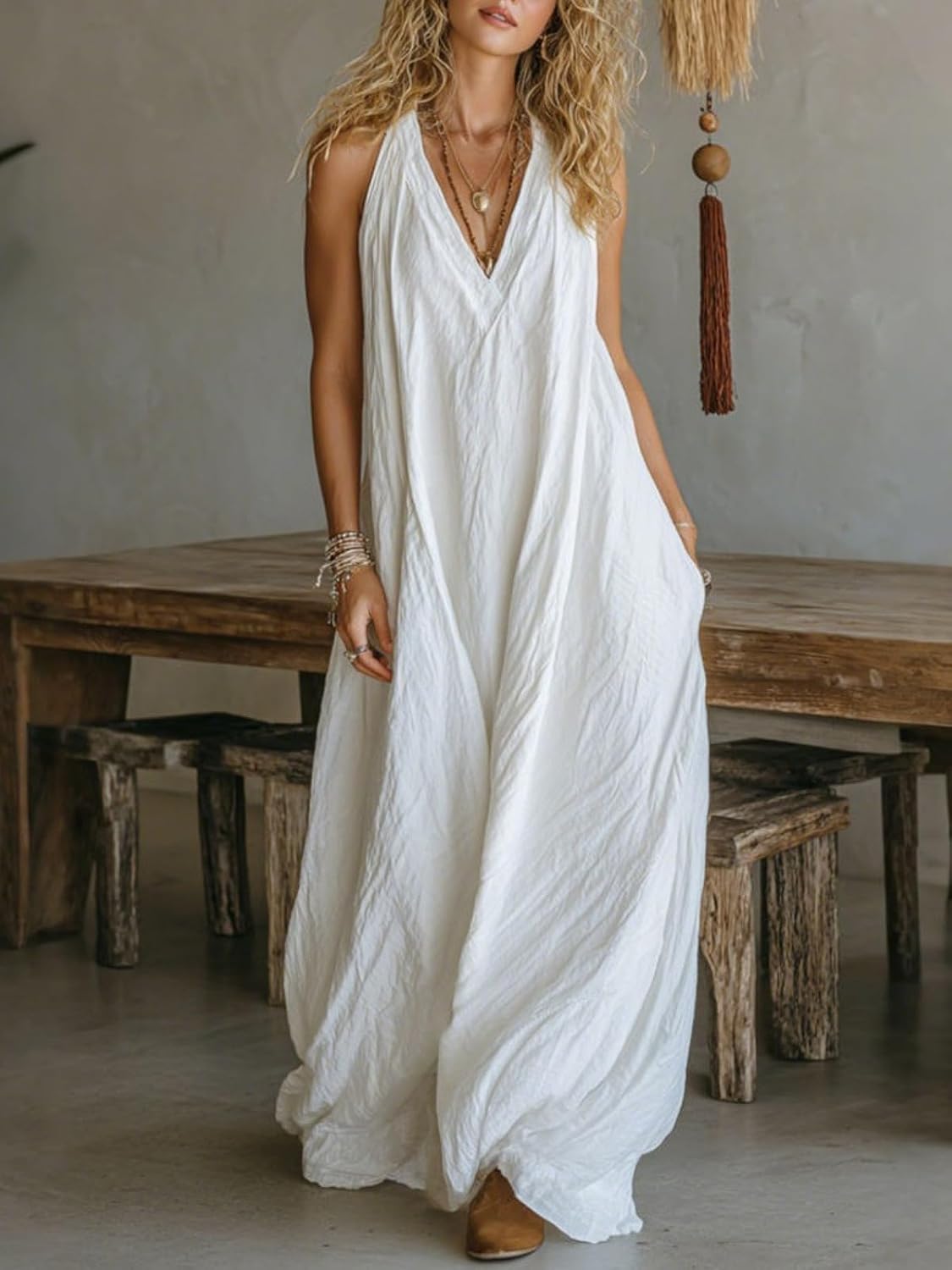 Aoleaky Women's Sleeveless Loose Fit Linen Maxi Dress, Casual Long Tunic Dress