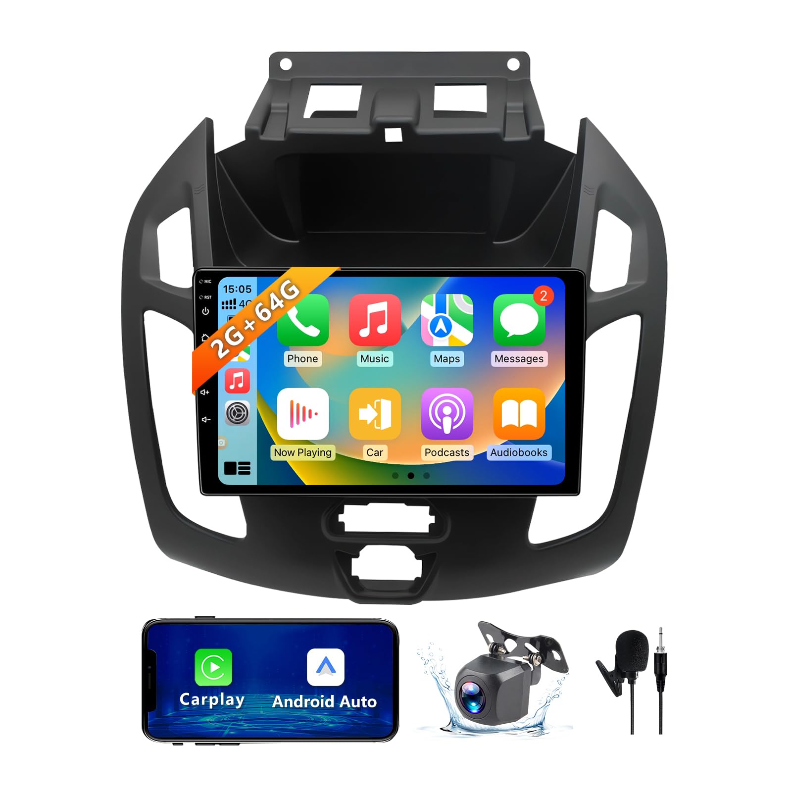 ZHNN 2+64GB Car Radio Stereo Compatible with Ford Transit Connect 2014-2018, 9 Inch Android 13 Touch Screen Car Radio with CarPlay/Android Auto, GPS FM WiFi Bluetooth Backup Camera