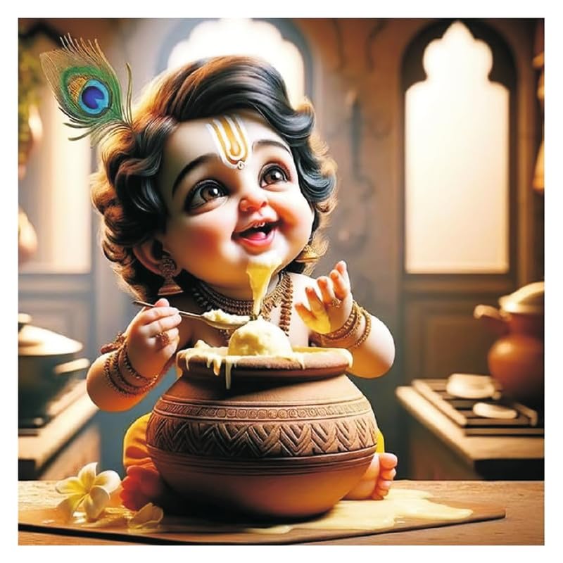 Image of British Terminal Cute little Bal Gopal Baby God Krishna| Kanha Ji | Laddu Lord Makhan Chor Painting Religious Poster for Pregnant Women for wall (matt thin vinyl,sticker,multicolor,unframed)| bj413