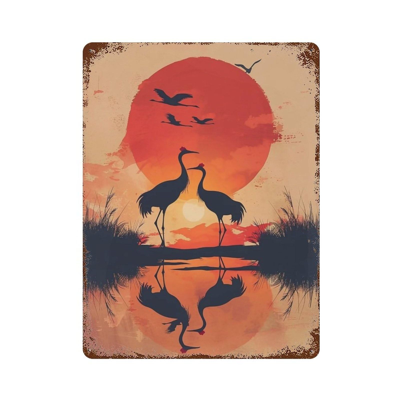 HDURYEYRYY Wetland Reed Red Dusk Crane Silhouettes 04 Wall Retro Iron Vintage Art Metal Tin Sign Poster Modern Home Cofffee Club Art Bar Shop Decor 40x30cm
