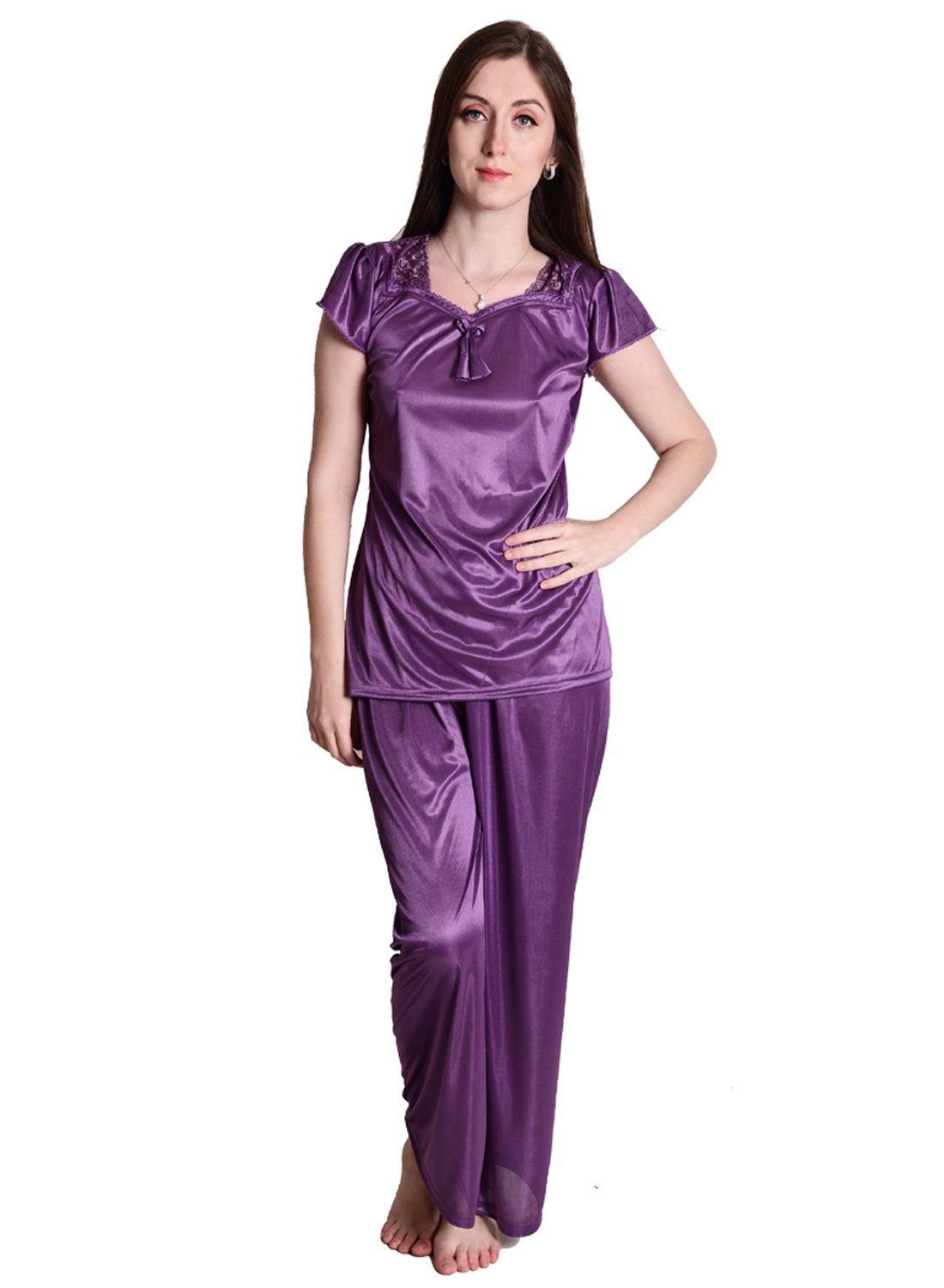 Women's Satin Solid Top And Pajama Set Night Suit Pack Of 1 (SL008_Purple_Medium)-image-21