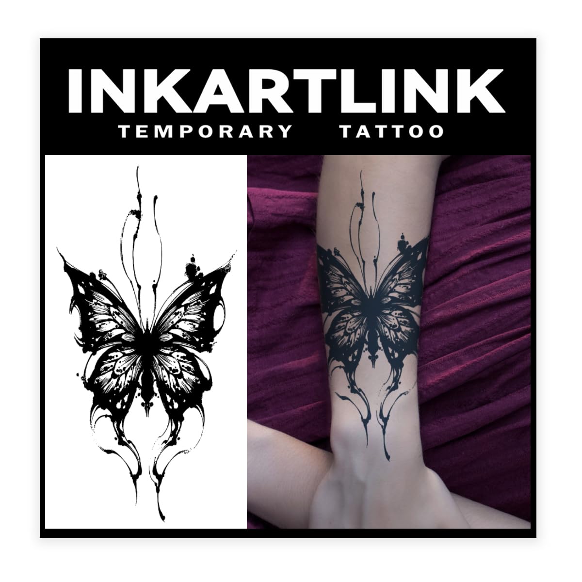 Tattoo Tech, 2 Sheets Large Semi Permanent Tattoo, Adult Art Design Temporary Tattoos, Lasts 1-2 Weeks, Waterproof, Realistic Look, No Adhesive, No Reflection (Dark Butterfly Design)
