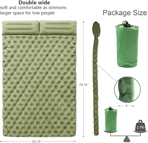 Miniatura 2 de Colchoneta de dormir doble para acampar, colchón inflable de gran grosor con almohada incorporada, inflable y compacta para acampar, senderismo,