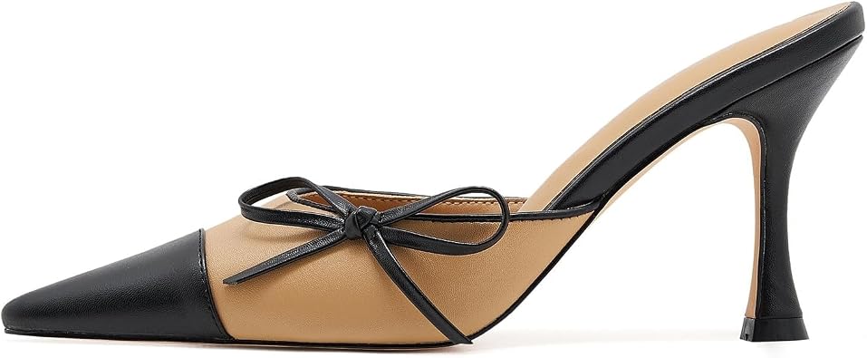 Bows Slingback Heels for Women Vintage Pointed Toe Patchwork Kitten Heels Backless Stiletto Heel Mules Sandals