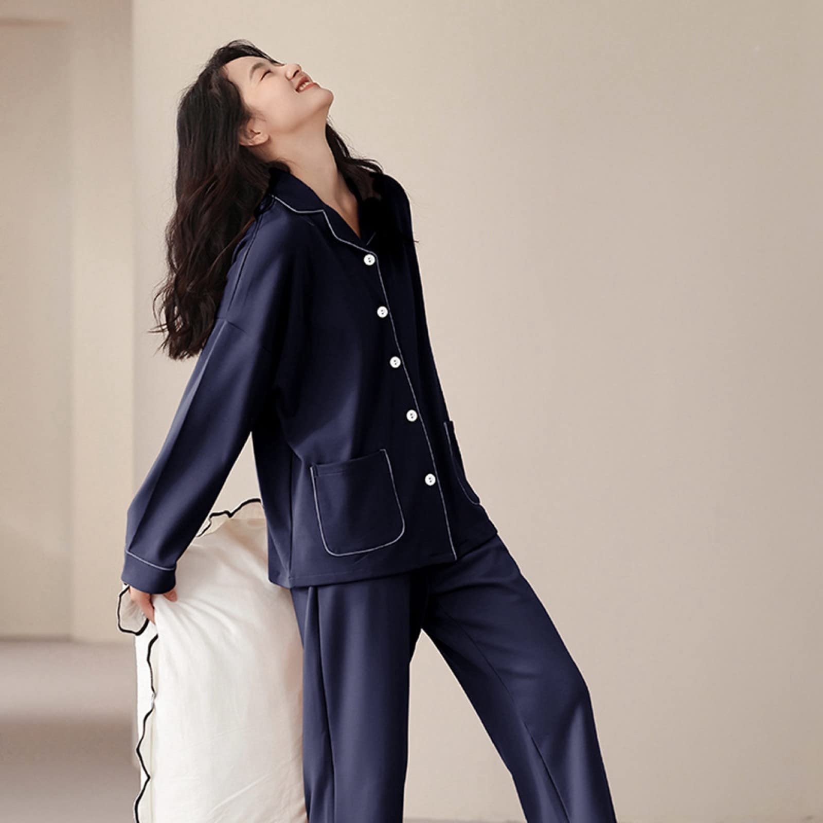 Pijama de Franela de Invierno y otoño para Mujer y Hombre, Conjunto de 2 Piezas de algodón y otoño, Manga Larga y pantalón con Solapa Fina, Ropa Informal Azul para el hogar, elegan