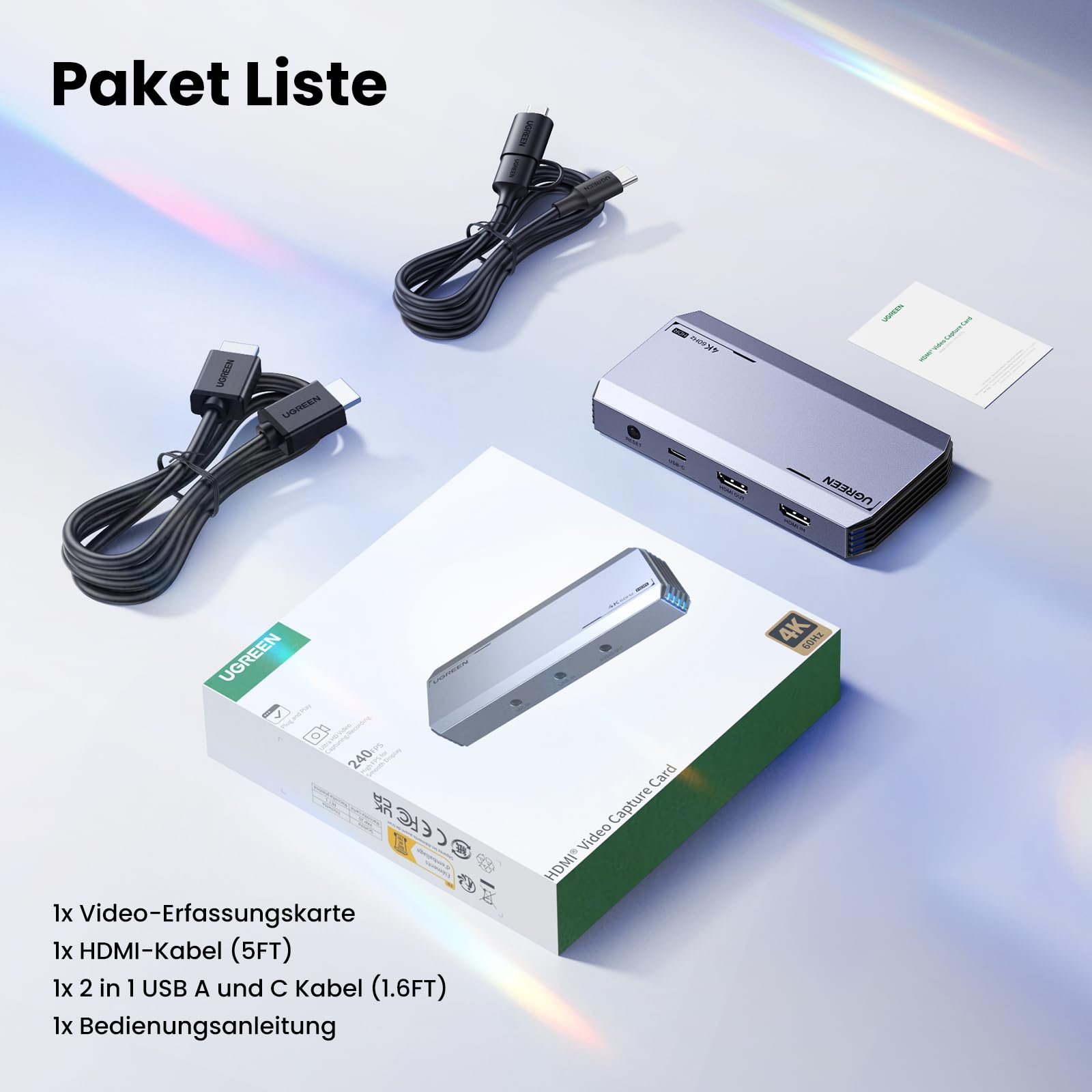 UGREEN Video Capture Card, HDMI Capture Card, USB 3.0 Video Aufnahmekarte 4K HDMI Loop-Out, 4K60Hz / 2K144Hz Videospiel-Capture für Streaming, funktioniert mit PS5/Switch/Switch2/Kamera/PC/Mac mini 4