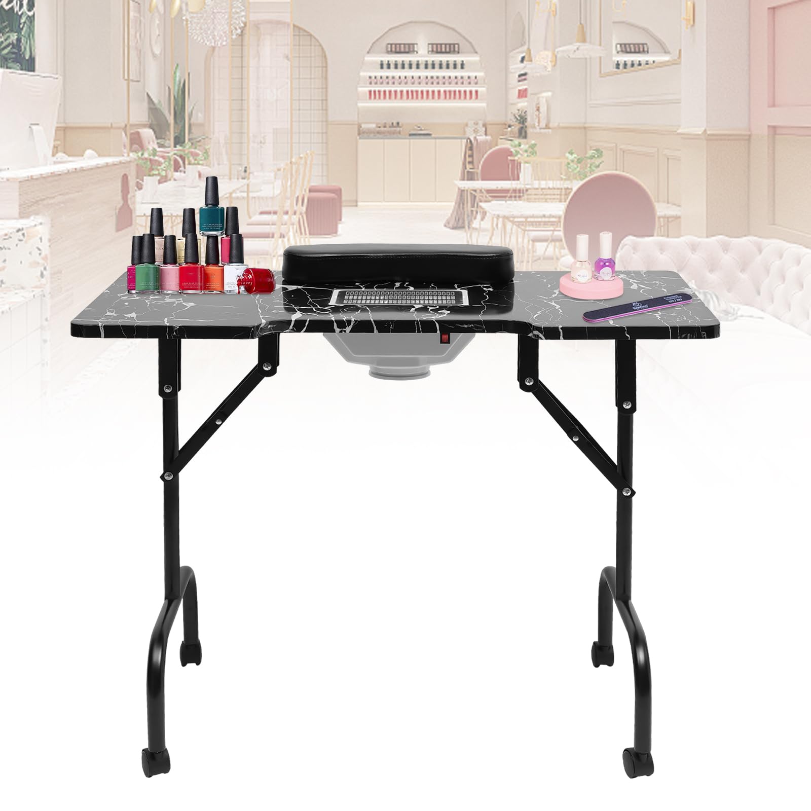 Mesa de manicura con aspiración, plegable, mesa de manicura, mesa de manicura, mesa portátil de manicura, mesa de manicura, mesa de manicura, mesa portátil con ruedas, bolsa de polvo, bolsa de