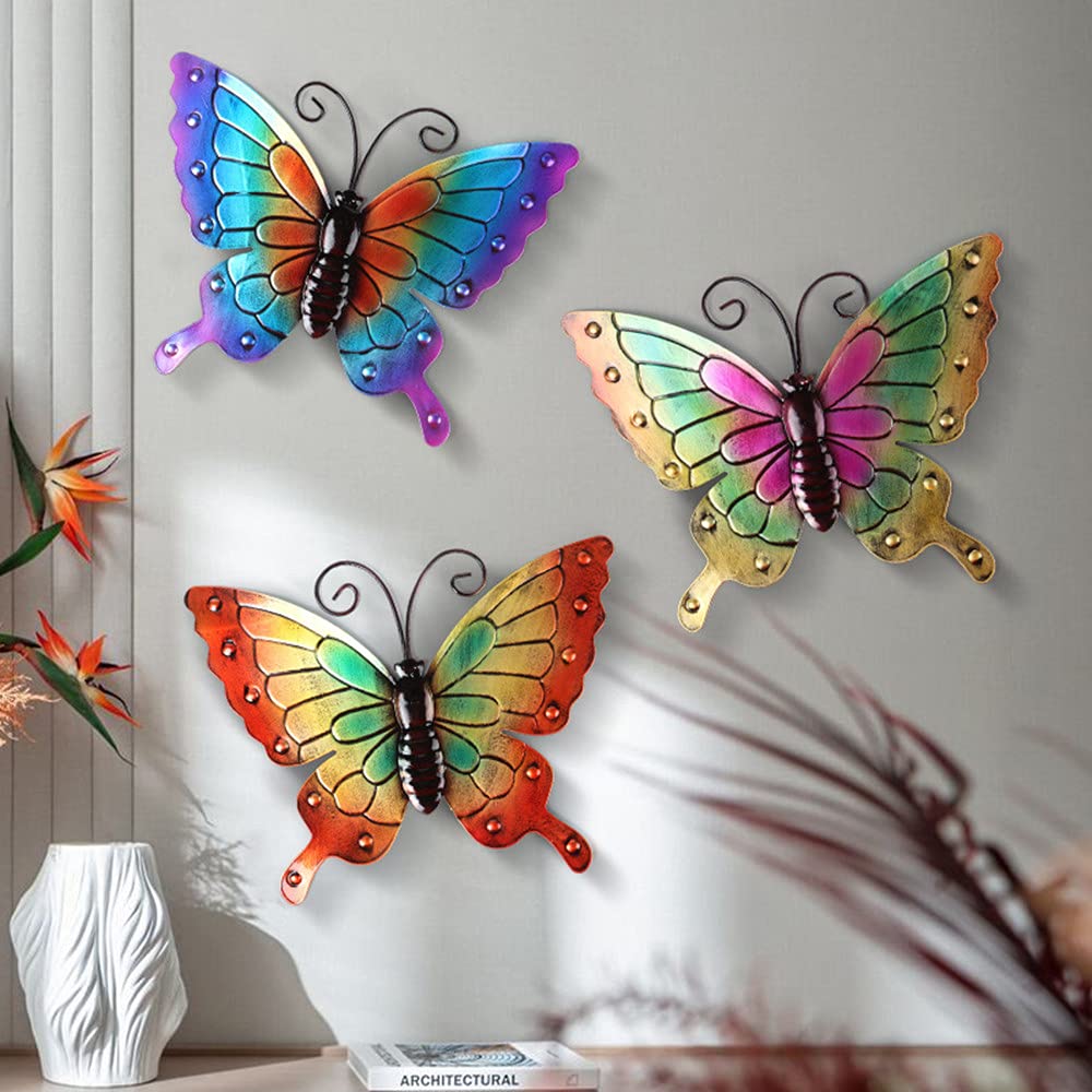 Treer-Shop Style B Treer 3Pcs Metal Butterfly Wall Art Decor Large Butterfly Hanging Wall Deocrations Colourful 3D Metal Butterfly Garden Ornaments For Indoor Outdoor Yard Sheds Walls Fences (Style B)
