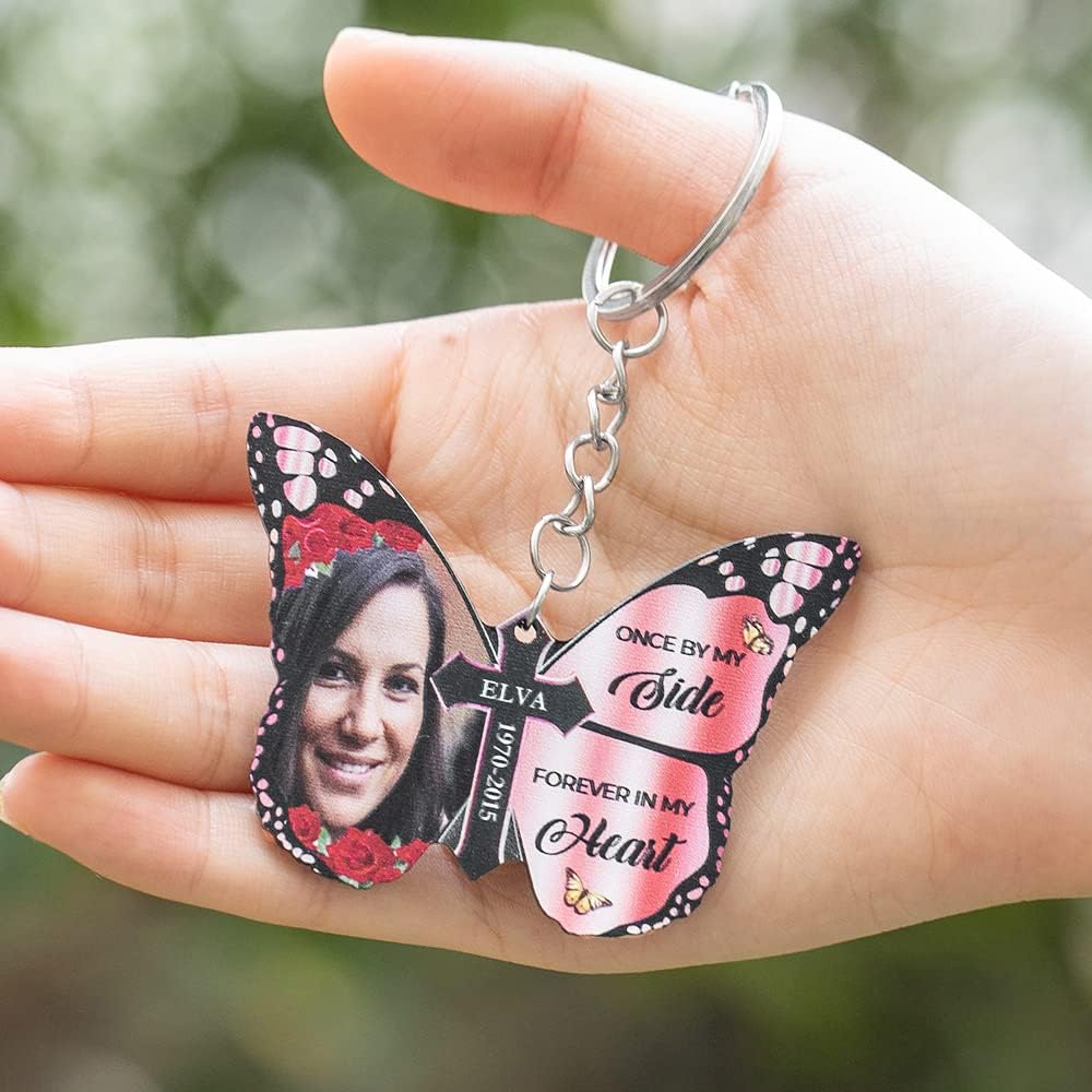 Custom Photo Keychain Once By My Side Forever In My Heart Butterfly Keychain with Picture Memorial Gifts for Loss of Mom Dad Personalized Name Picture Keychain Pet Remembrance Gift Photo Key Chain image 3