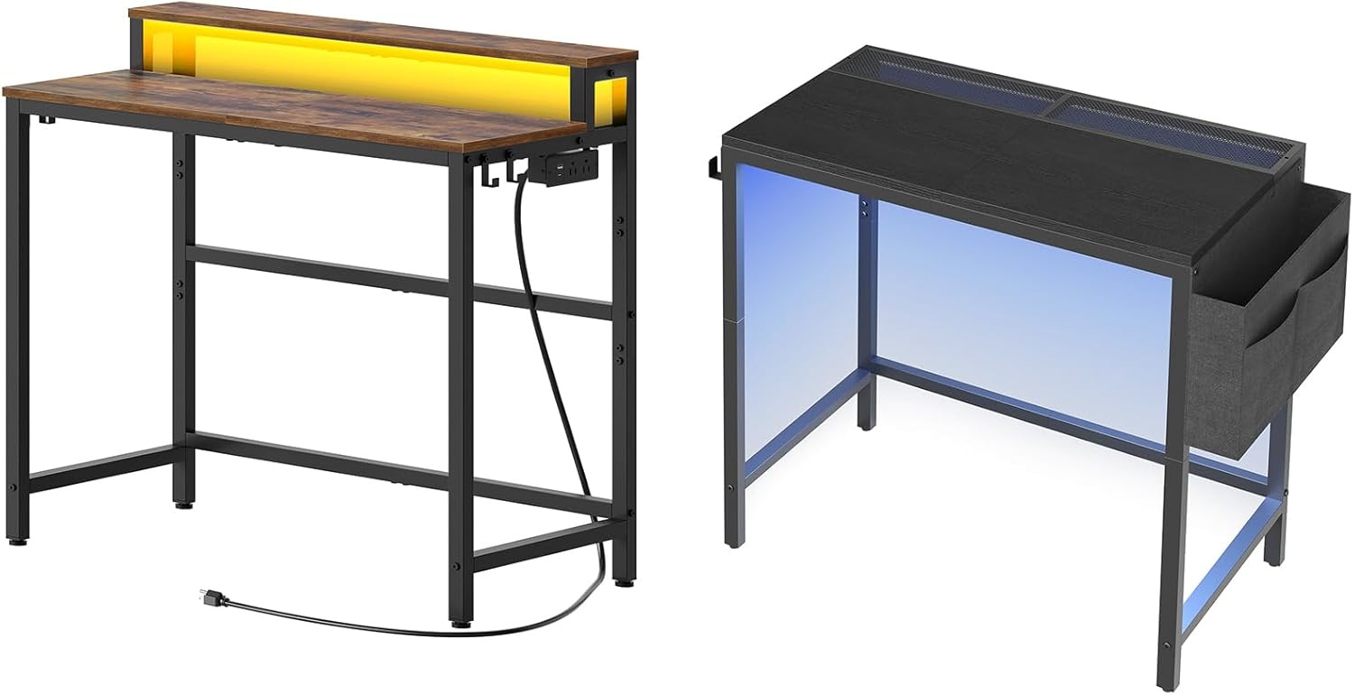 Small Computer Desk with Charging Station and LED Lights, Home Office Desk with Headphone Hook, for Home Office, DN01UDBRY2-DN07DBB