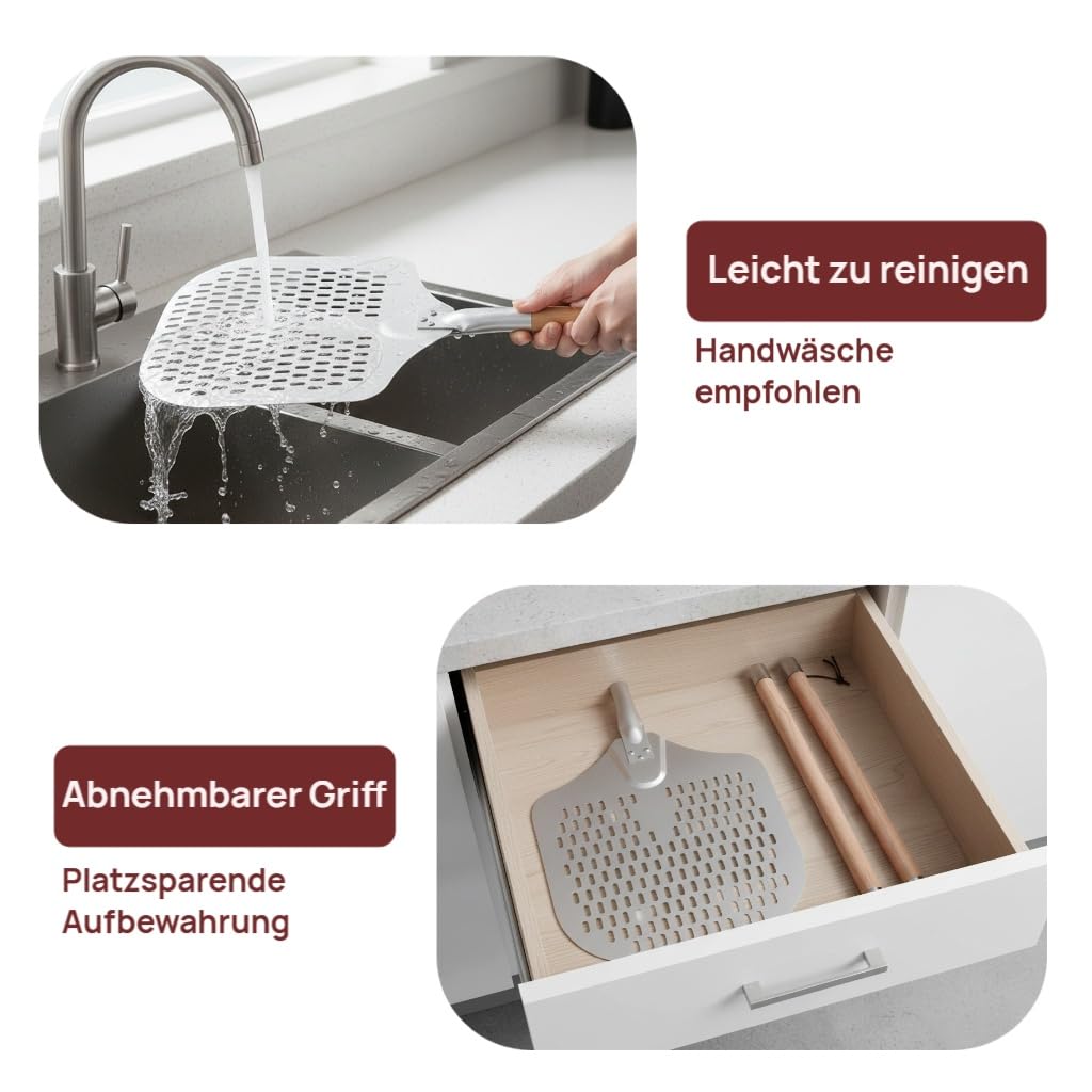 Pizzaschieber，Hochwertig Perforierter Pizzawender， 35x30cm Aluminium Pizzaschaufel mit 88cm Super lang Abnehmbarem Eichengriff für Pizzastein, Backofen & Gasgrill