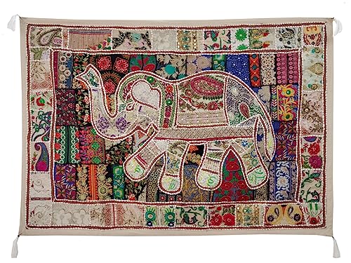 Image of Ekam Art Rajasthani Handmade Heavy Elephant Embroidery Cotton Patchwork Tapestry Cotton Wall Decor Hanging Beaded Tapestries Home Living Room Decor 40 x 60 Inch (Off White)
