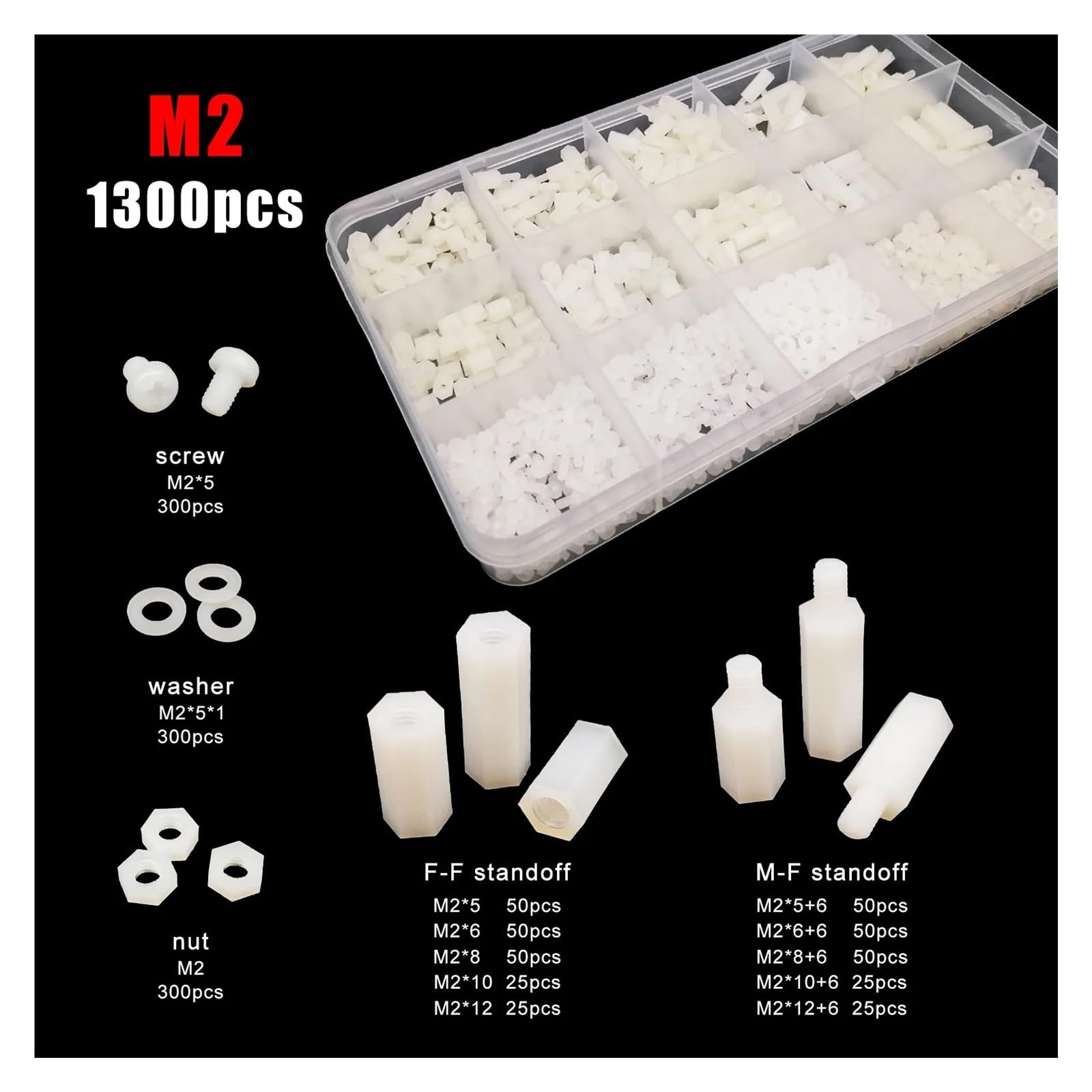 445/650/850/1300 Stück M2 M2.5 M3 M4 PCB Motherboard Weiß Kunststoff Nylon Sechskant Sechskant Abstandshalter Säule Abstandshalter Schraube Mutter Unterlegscheibe Kit Set(M2*1300pcs)