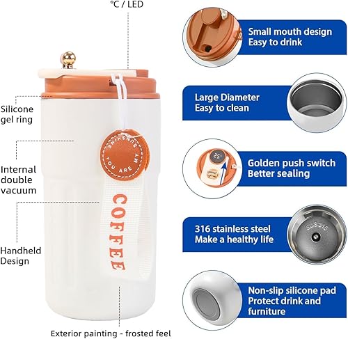 Miniatura 3 de Taza de café de acero inoxidable con aislamiento al vacío taza de viaje de doble pared a prueba de fugas taza de café de 12 onzas y 125fl oz blanco