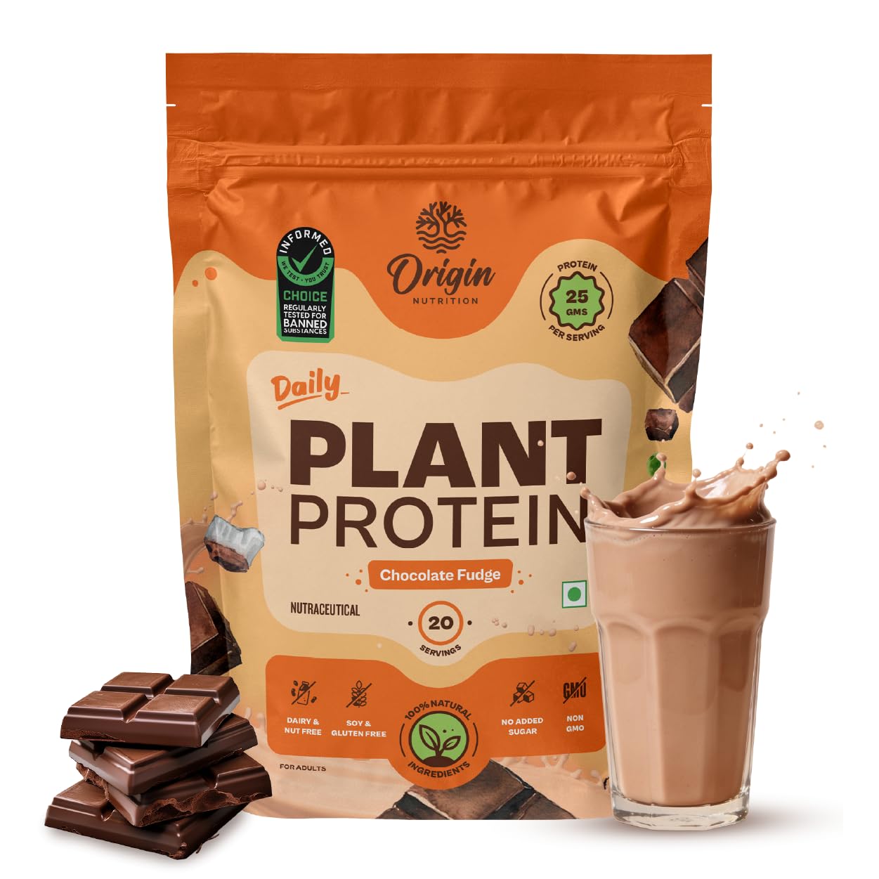 Origin Nutrition 100% Natural Plant Based Protein Powder, 845 gm, European Pea Protein Isolate & Pumpkin Seed, Chocolate Flavour with 25g per Protein Per Serve