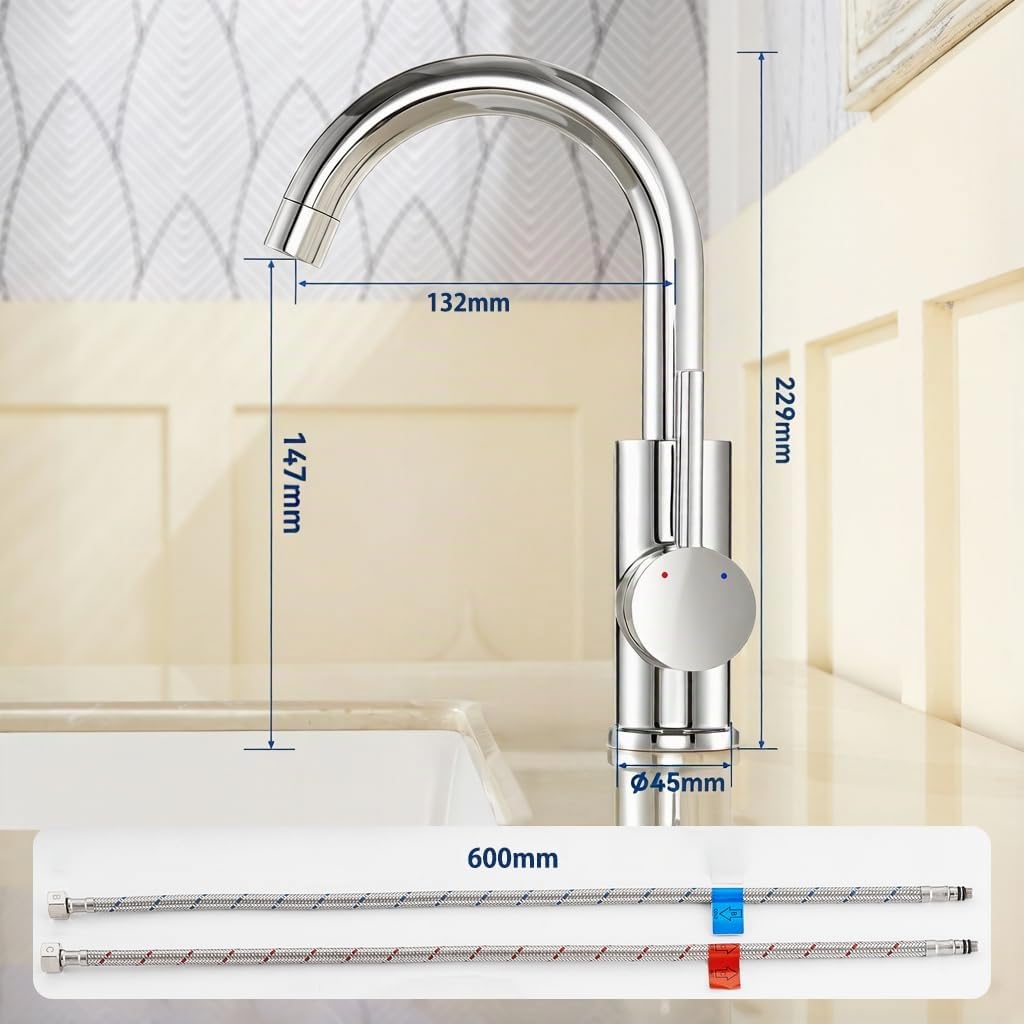 Mitigeur Lavabo, Auralum Robinet Salle de Bain Monocommande Bec Haut Pivotant à 360°, Aérateur Économie d'Eau, Conforme aux Normes de Potabilité, Chromé