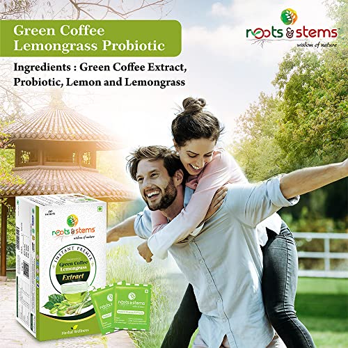 Image of roots & stems Green Coffee Lemongrass | Instant Premix Extract Powder with Probiotic | Arabica, Flavoured Coffee |100g (5gx20 Sachets) Pack of 3