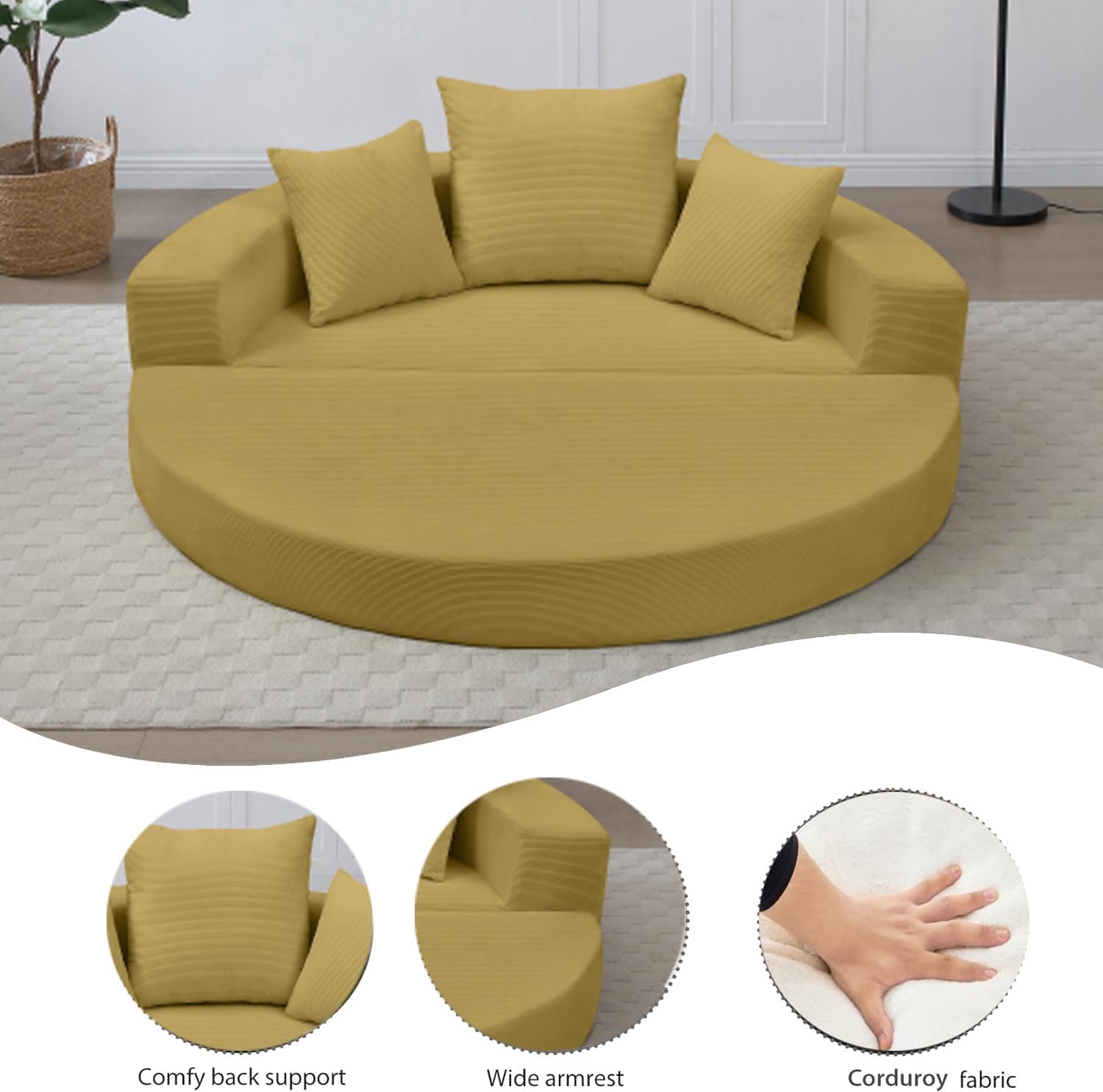 67" Round Convertible Folding Sofa Bed, Boneless Couch Loveseat, Floor Sleeper Chaise Lounge for Living Room, Apartment, Dorm, Small Spaces, Yellow