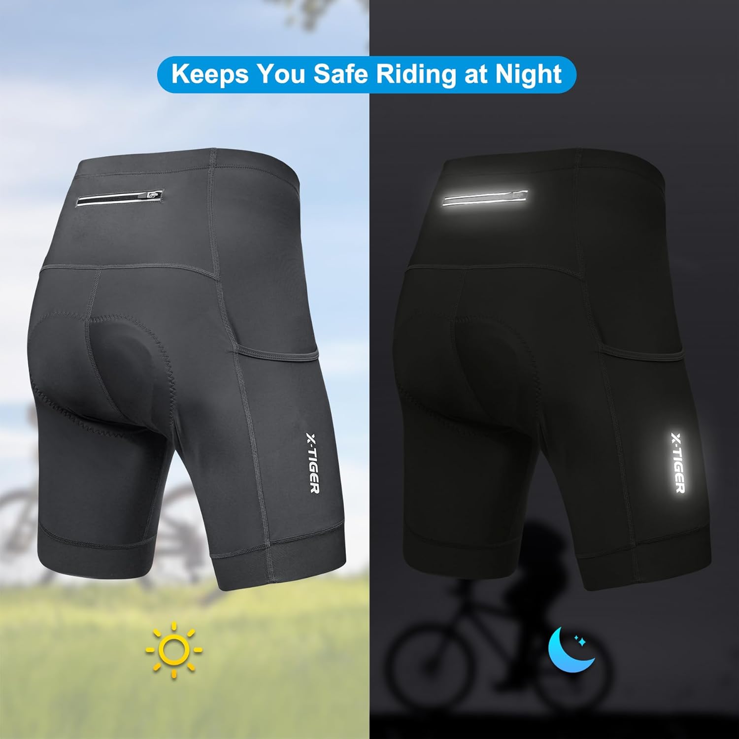 X-TIGER Men's Cycling Shorts with Back Pocket,5D Gel Padded Bike Shorts for Men,Mountain Road Biking Riding Half Pants Tights