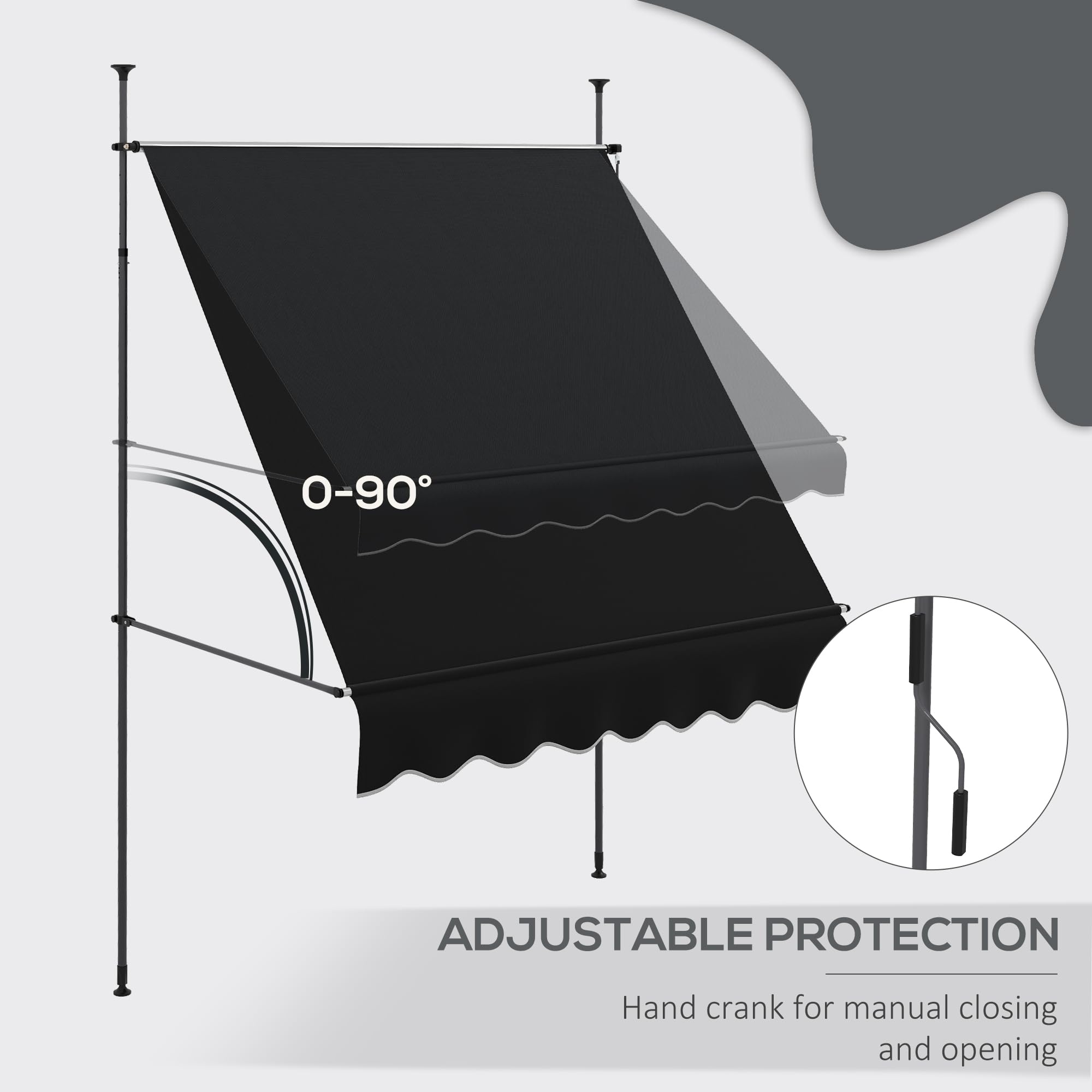 Toldo retráctil manual, 79 pulgadas, sin tornillos, para patio, con soporte de poste de soporte y tela resistente a los rayos UV para ventana, puerta, porche, cubierta, color negro 4