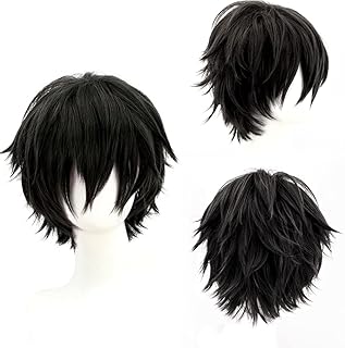 Unisex Short Bob Anime Cosplay Wigs Full Natural Layer Straight Fluffy Hair Costume Party Fancy Dress Wig for Women Men Boy Girls (Black)