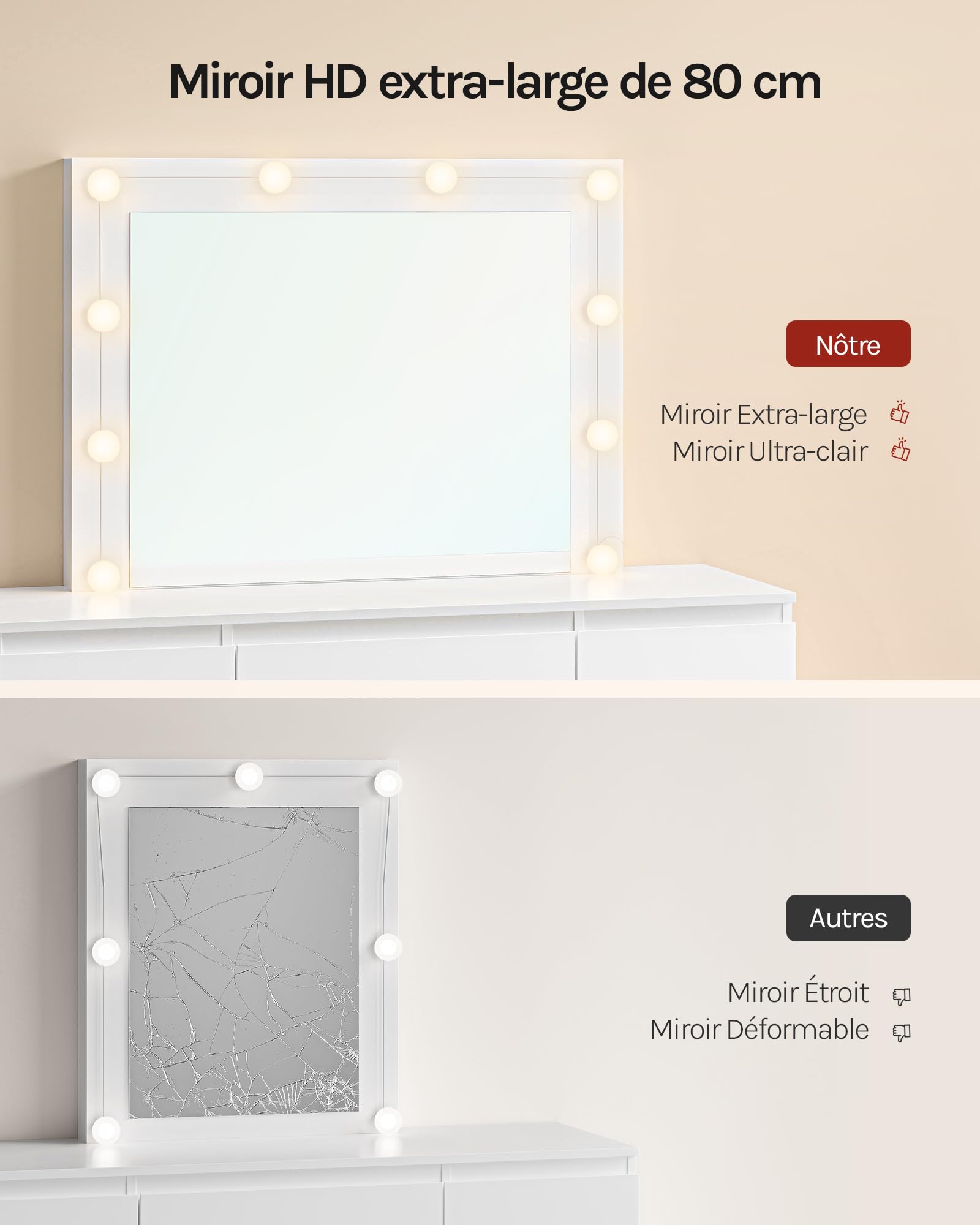 WOLTU Coiffeuse avec Miroir LED à Luminosité Réglable, Table de Maquillage avec 7 Tiroirs, Grand Espace de Rangement, Meuble Coiffeuse Moderne pour Chambre, 107 x 40 cm, en Bois, Blanc