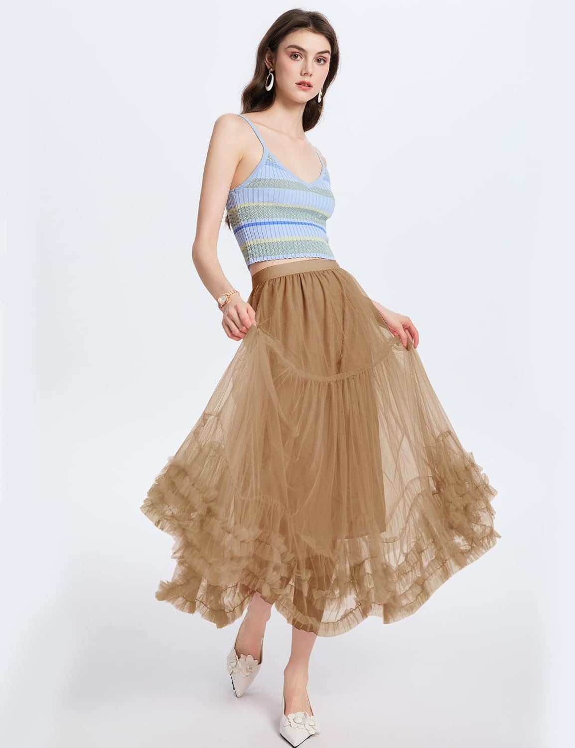 Flygo Women's Maxi Tulle Skirt Long Tiered A Line Mesh Tutu Fairy High Elastic Waist Pleated Layered Skirts