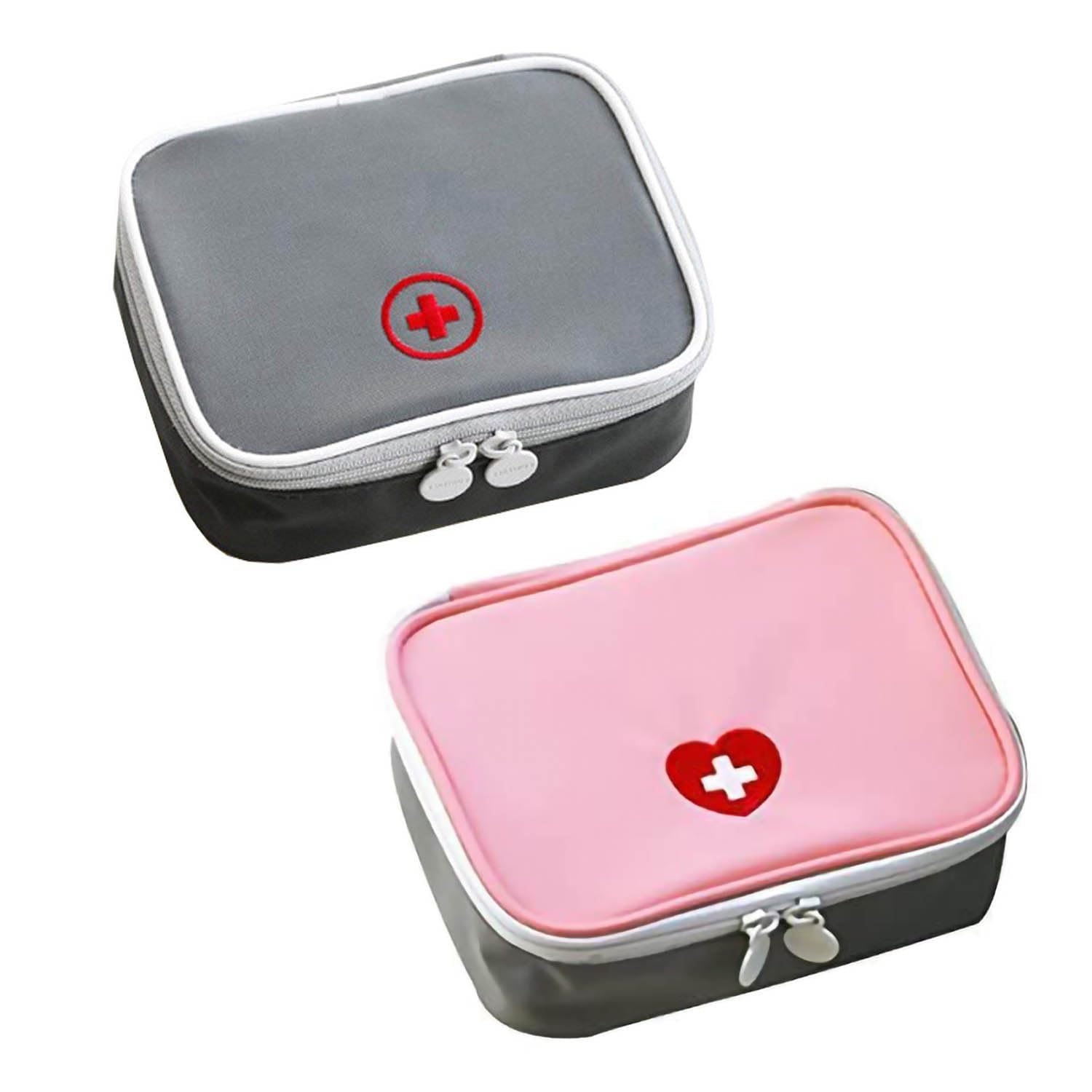 Anayo 2Pcs Portable Mini First Aid Pouch, Empty Medicine Bag, Handy Pocket Pill Storage Case for Travel, School, Office, Home - Small Size, Pack of 2 (1 Pink + 1 Grey)