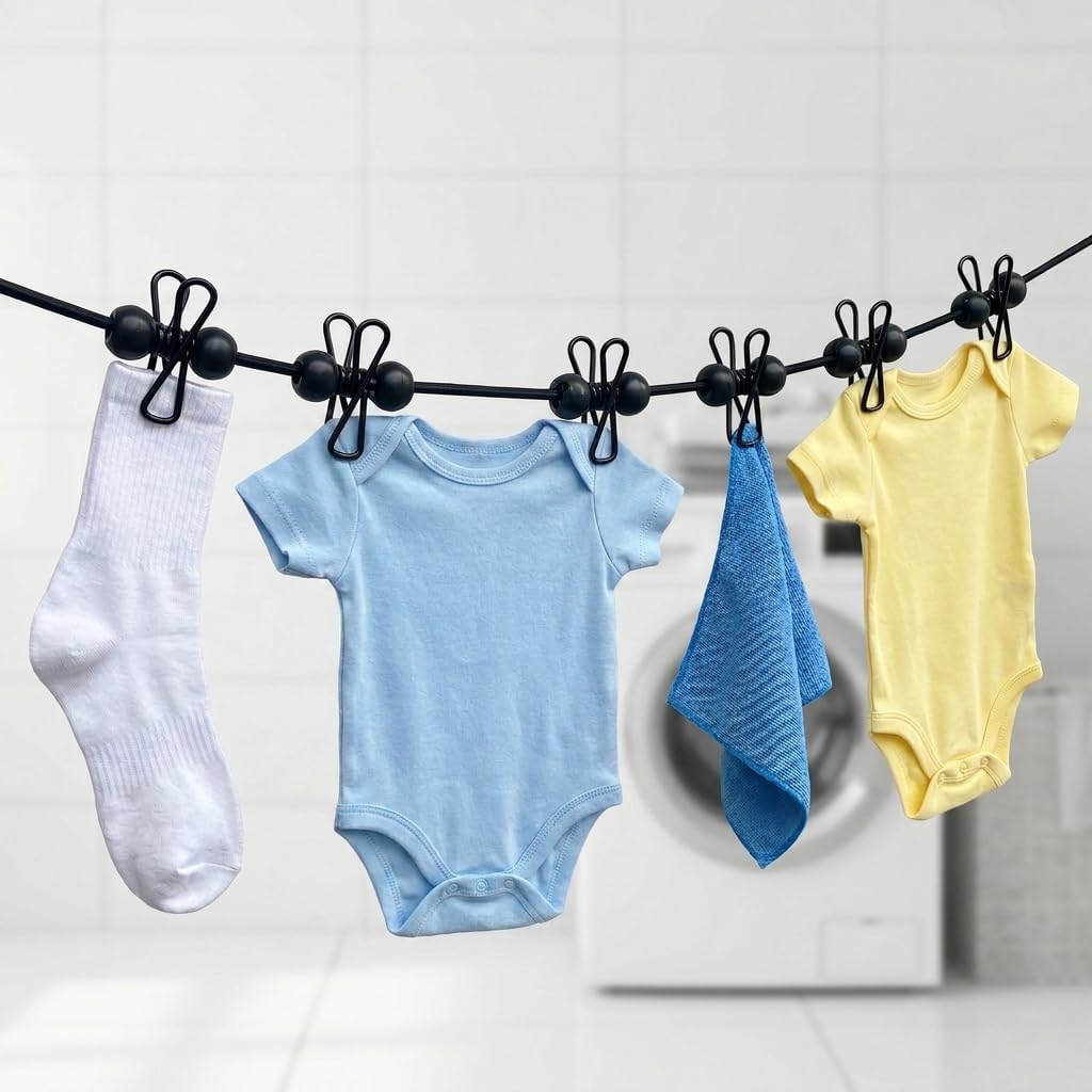 2 Pack Portable Travel Clothesline with 12 Clips, Stretchable | Elastic laundry line with windproof spacing beads, hooks, and storage bag for camping, hotels, RV trips, and cruises