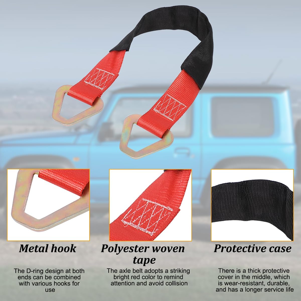 2PCS Car Axle Tie Down Straps, 24 x 2 6000 Lb Capacity Vehicle Wrecker Hauler Wheel Tie Down Strap with D Rings, Heavy Duty Automotive Accessories, Universal for Tow Truck Off-Road (Red)