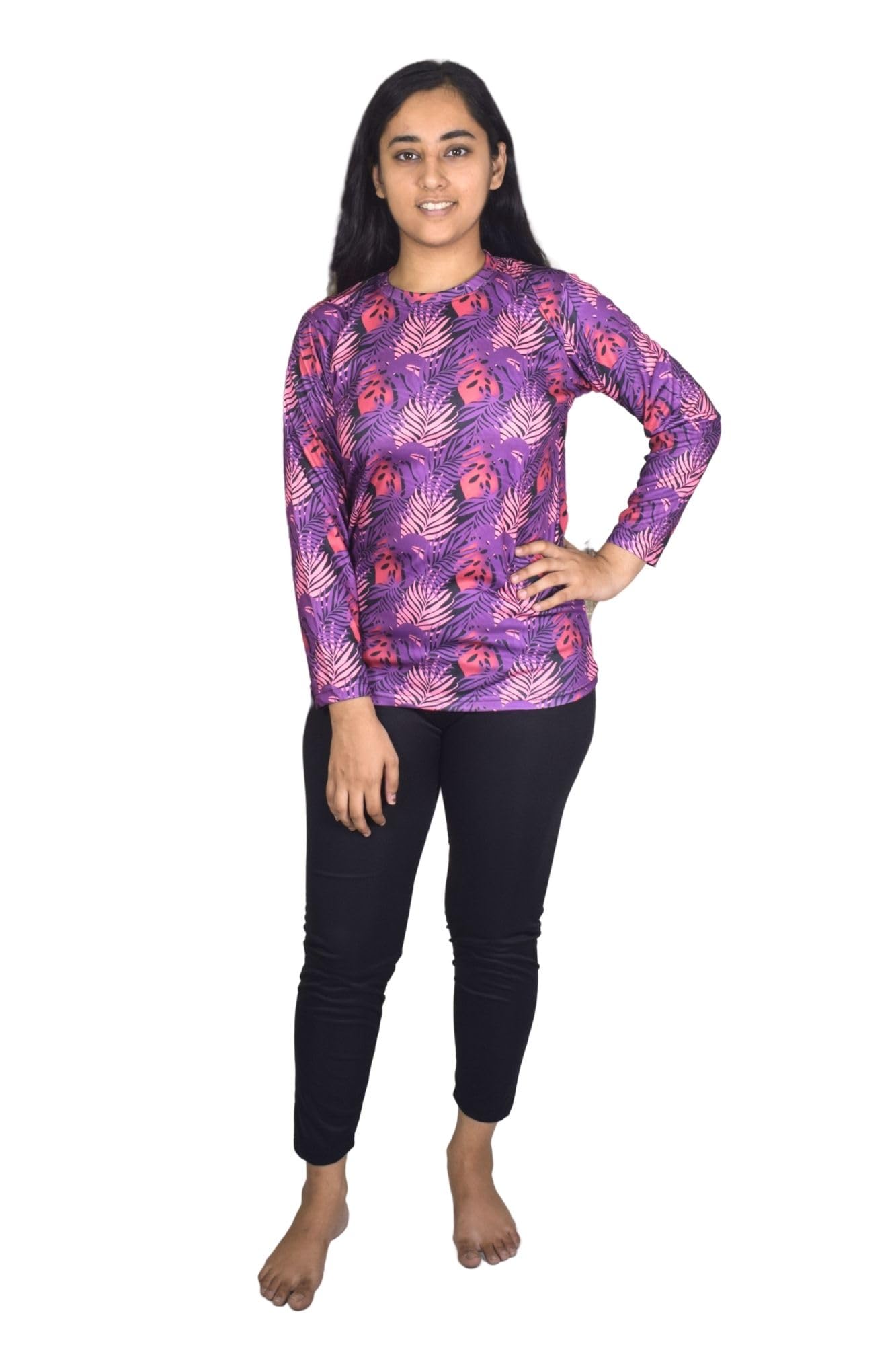 Spandex Regular Fit Compression Long Tights/Swim Leggings with Full Sleev Tshirt | Adjustable, Breathable, Quick Drying Leggings for Swimming, WaterParks, Surfing & Other Sports - Purpel & Black-image-18
